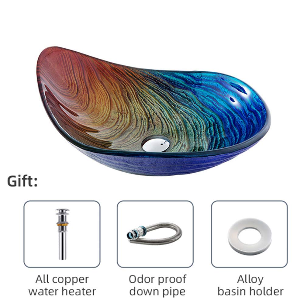 Rainbow Tempered Glass Vessel Sink - Water Drop Shape Artistic Bathroom Vanity Bowl with Pop-Up Drain & Mounting Ring - Single Sink for Modern Bathroom & Powder Room Decor