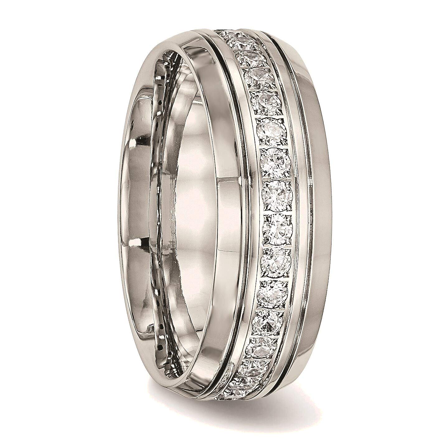 Bonyak Stainless Steel CZ Ring for Women - Polished Half Round Grooved Design, Size 11 - Perfect for Wedding, Anniversary & Everyday Elegant Jewelry