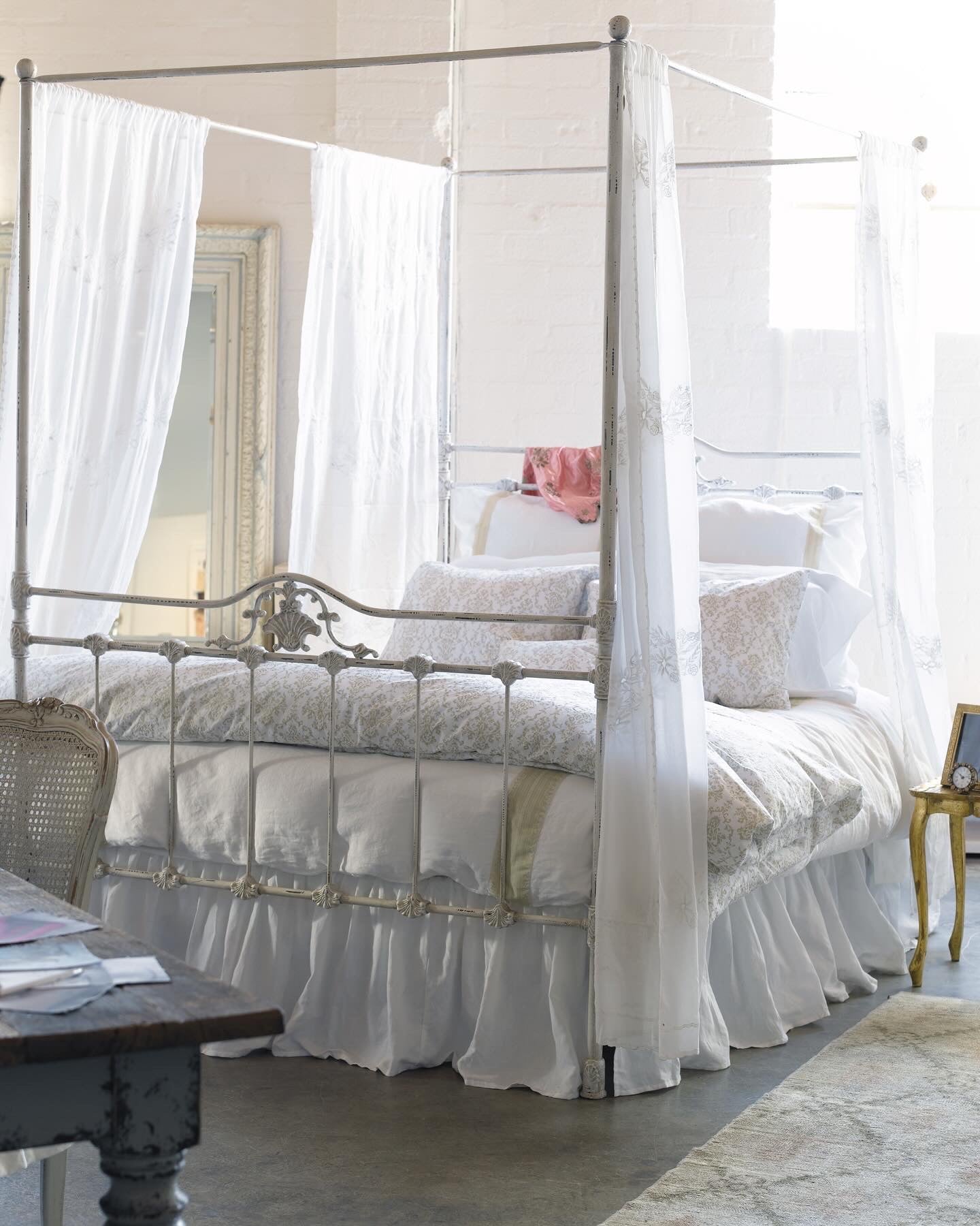 Antique White Iron Canopy Bed Frame - Queen Size Vintage Metal Bed with Curtain Rods - Perfect for Romantic Bedroom, Guest Room or Farmhouse Decor