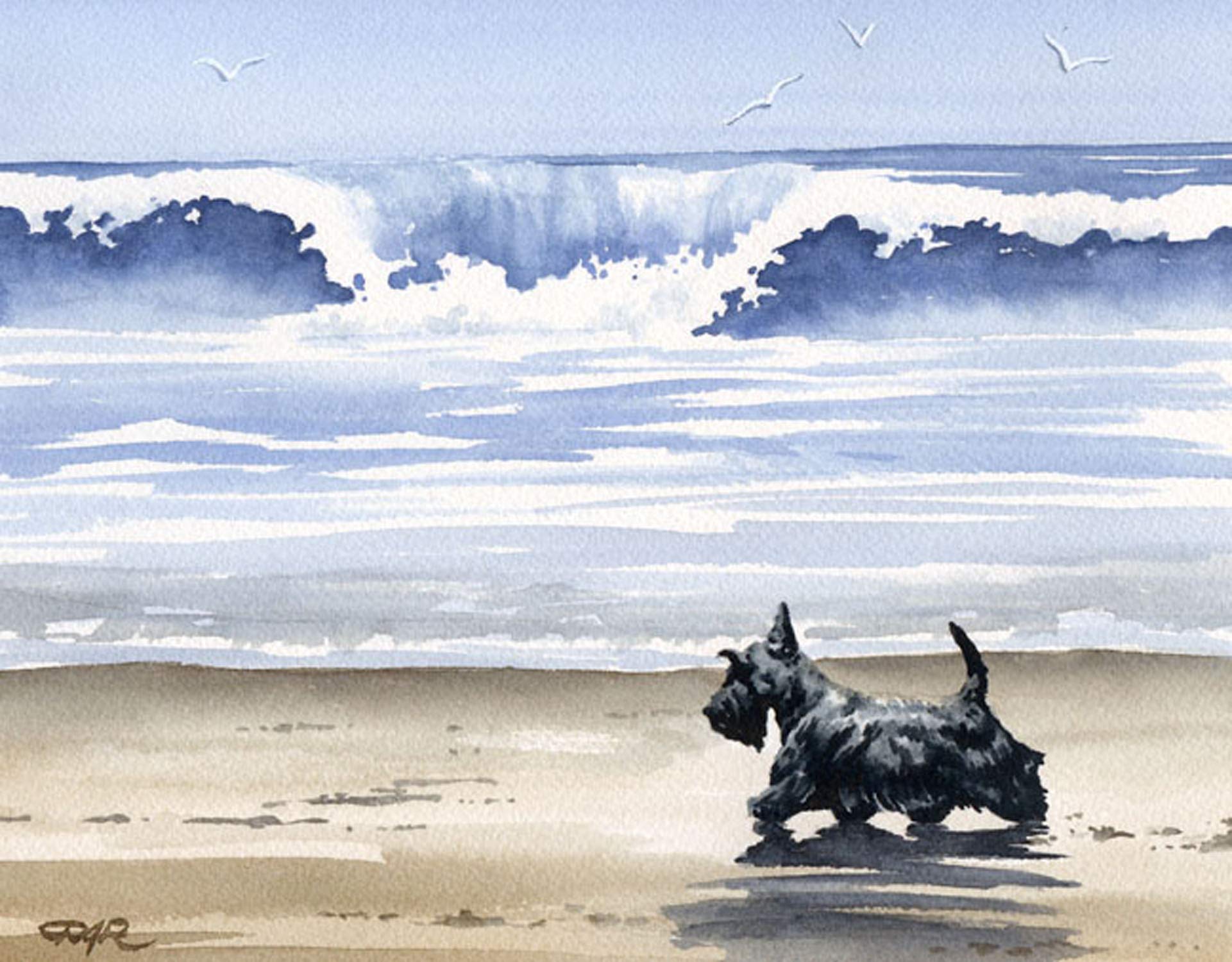 Black Scottish Terrier Beach Watercolor Art Print - Oversized Dog Painting by DJ Rogers | Wall Decor for Living Room, Bedroom & Office