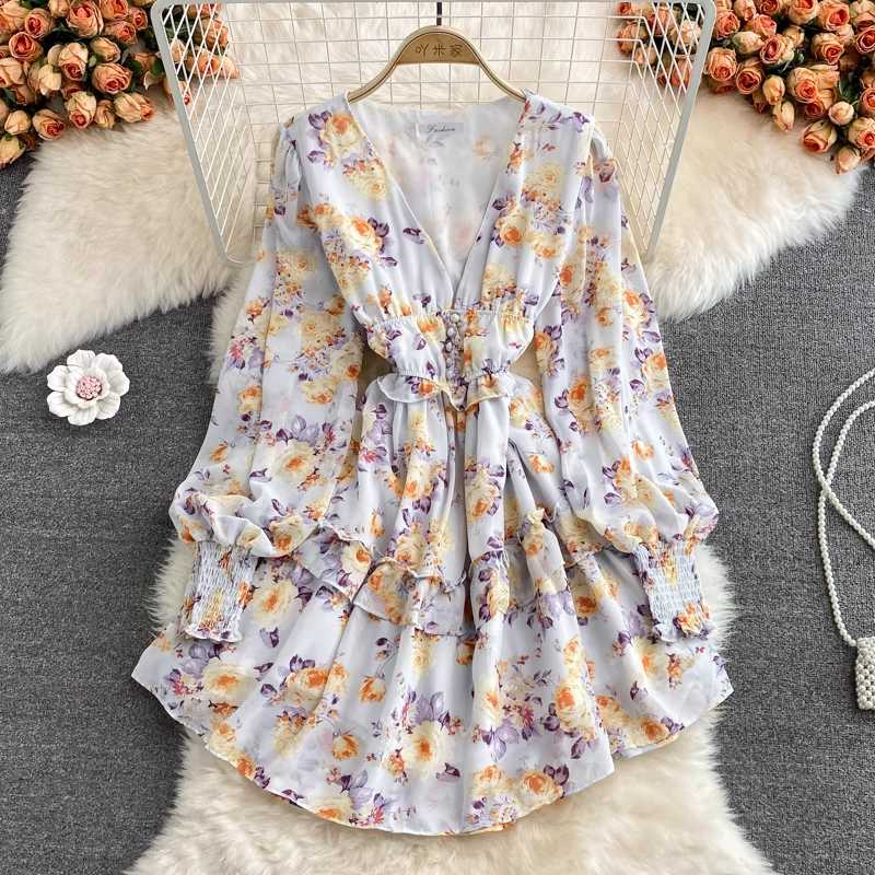 Fairy French V-Neck Ruffle Skirt Floral Chiffon Dress - Elegant Summer Party Dress for Women, Perfect for Weddings, Garden Parties & Date Nights