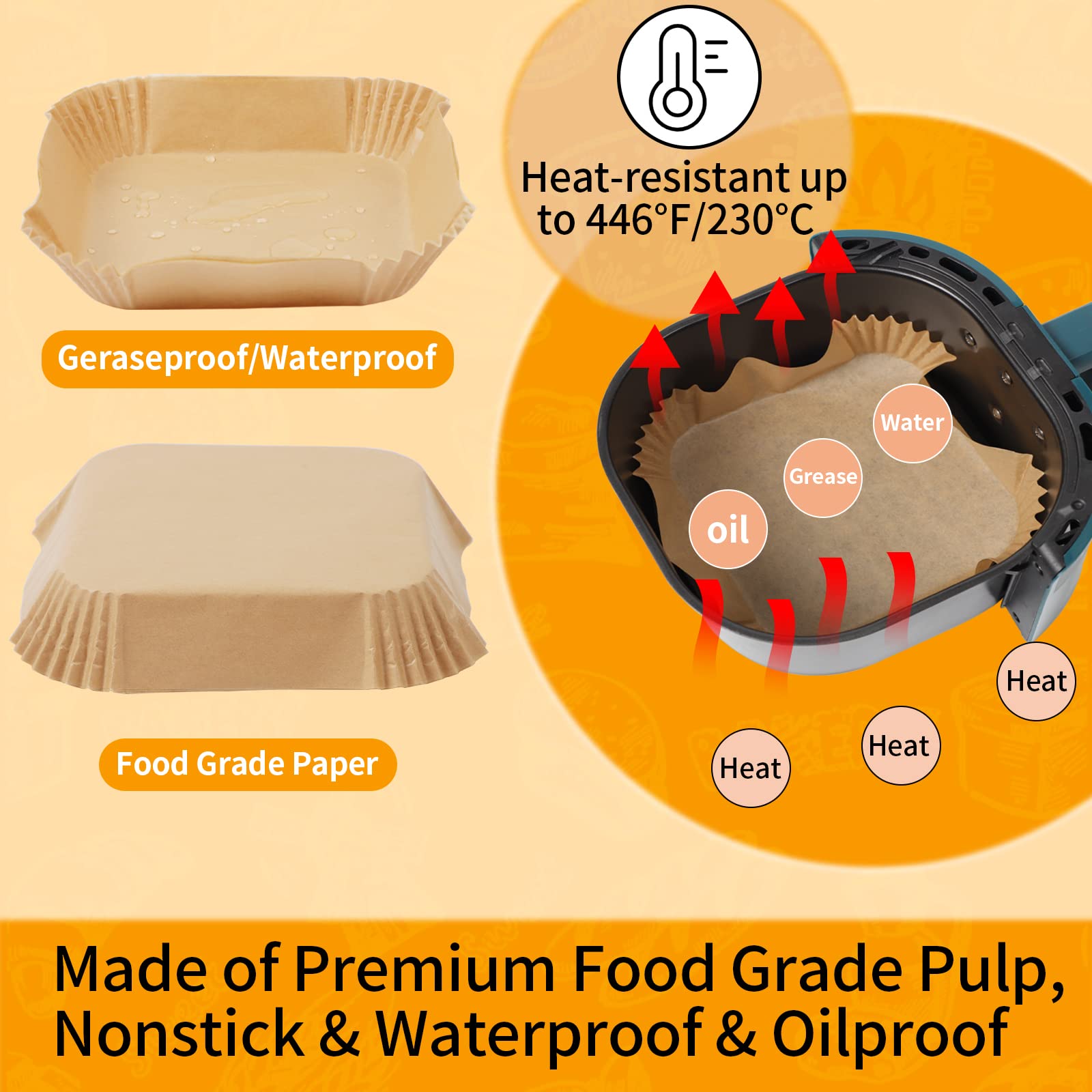 100PCS Disposable Air Fryer Liners - Oil & Water Proof Square 6.3in Food Grade Paper - Compatible with Ninja, Tower, COSORI Air Fryers - Perfect for Healthy Cooking, Baking & Frying at Home