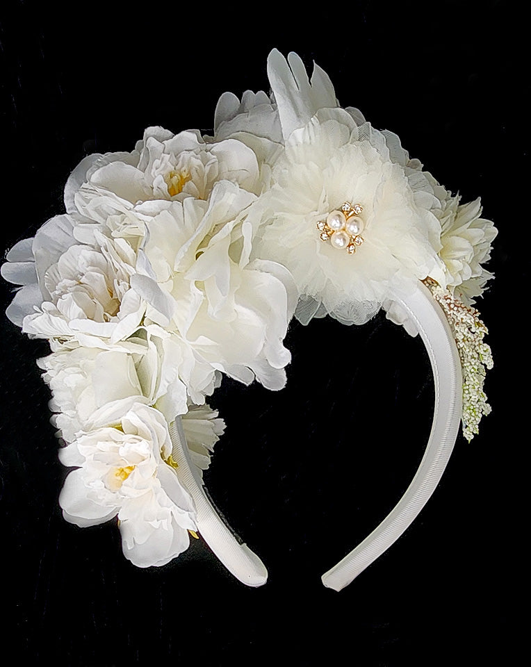 Race Day Crown & Fascinators - White & Ivory Floral Headband by Pia ll at Kezani | Perfect for Weddings, Derby Events & Special Occasions