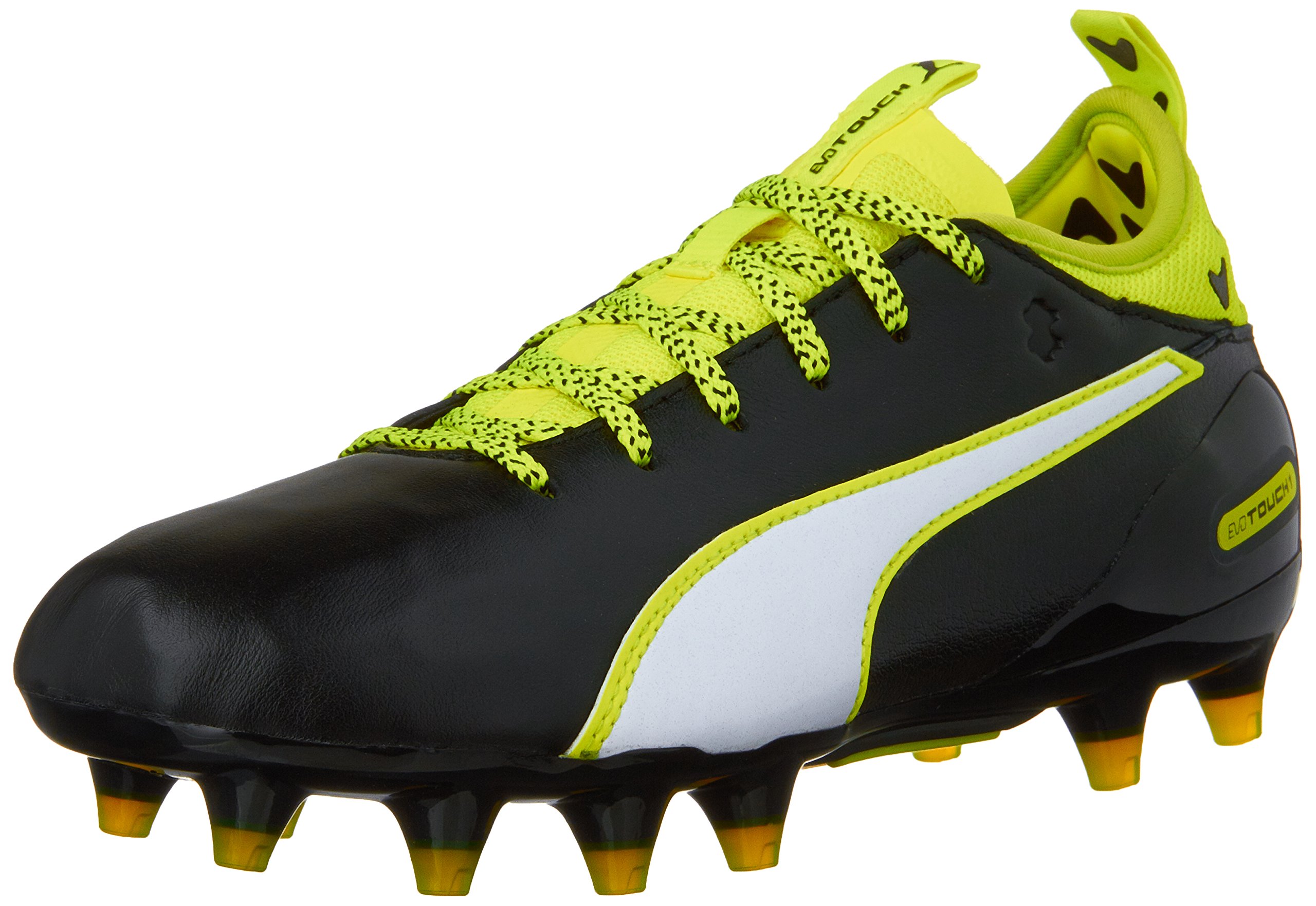 PUMA Kids Evotouch 1 FG Jr Soccer Cleats for Boys - Black/White/Safety Yellow - Size 6 Big Kid - Perfect for Youth Soccer Matches and Training Sessions