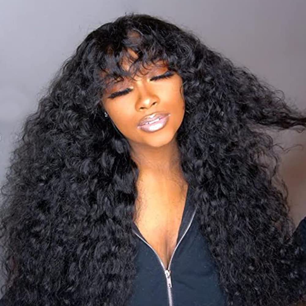Jerry Curly Human Hair Wigs With Bangs | 200% Density Virgin Brazilian Hair | Glueless Scalp Base Top Full Machine Made Wig | Natural Color 16 Inch | Perfect for Black Women | Great for Daily Wear, Parties & Special Occasions