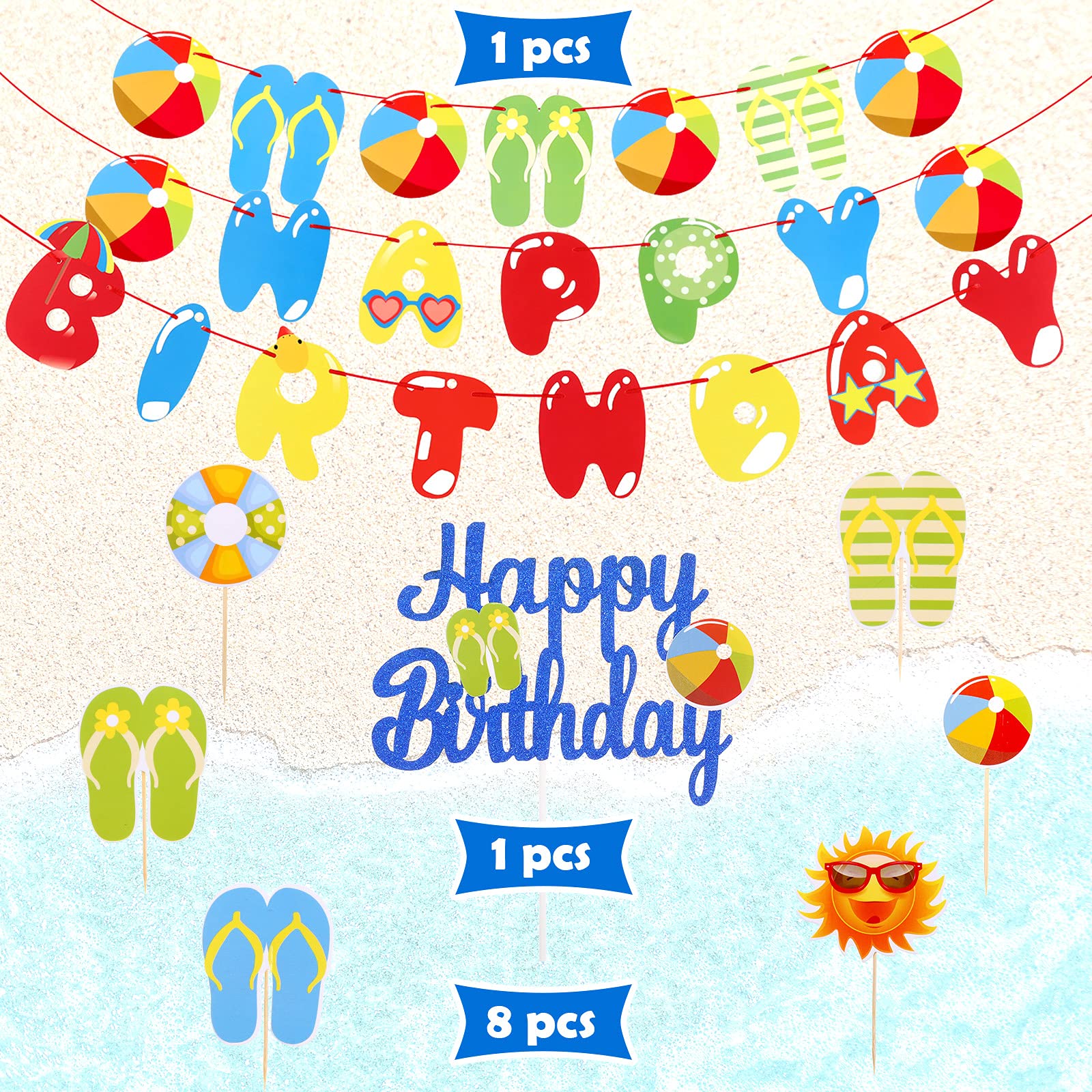 Sumind 46-Piece Beach Birthday Party Decorations Set - Summer Pool Party Supplies with Beach Balls, Banner, Cake Toppers, Hanging Swirls & Balloons - Perfect for Hawaiian Luau, Poolside Celebrations & Tropical Themed Events