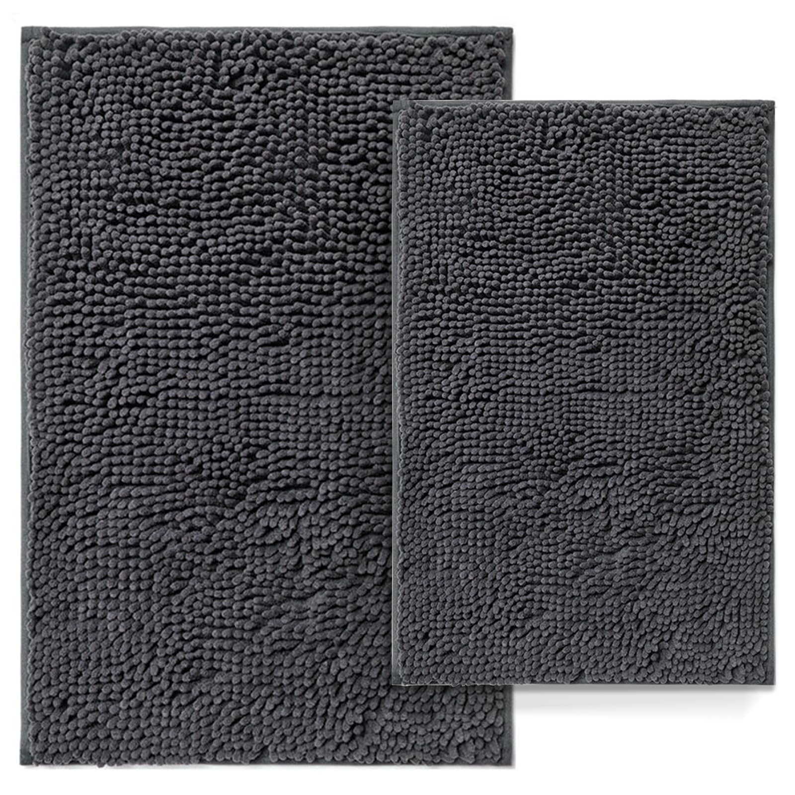 Non-Slip Bathroom Rugs Set of 2 - Ultra Absorbent Chenille Bath Mats for Bathroom Floor, Soft Shaggy Bathtub Mats, Deep Grey - Perfect for Bathroom Safety & Cozy Home Decor