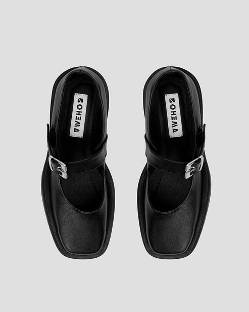 Bohema Black Grape Leather Mary Jane Shoes - Women's Square Toe Flats for Work, Office & Casual Wear