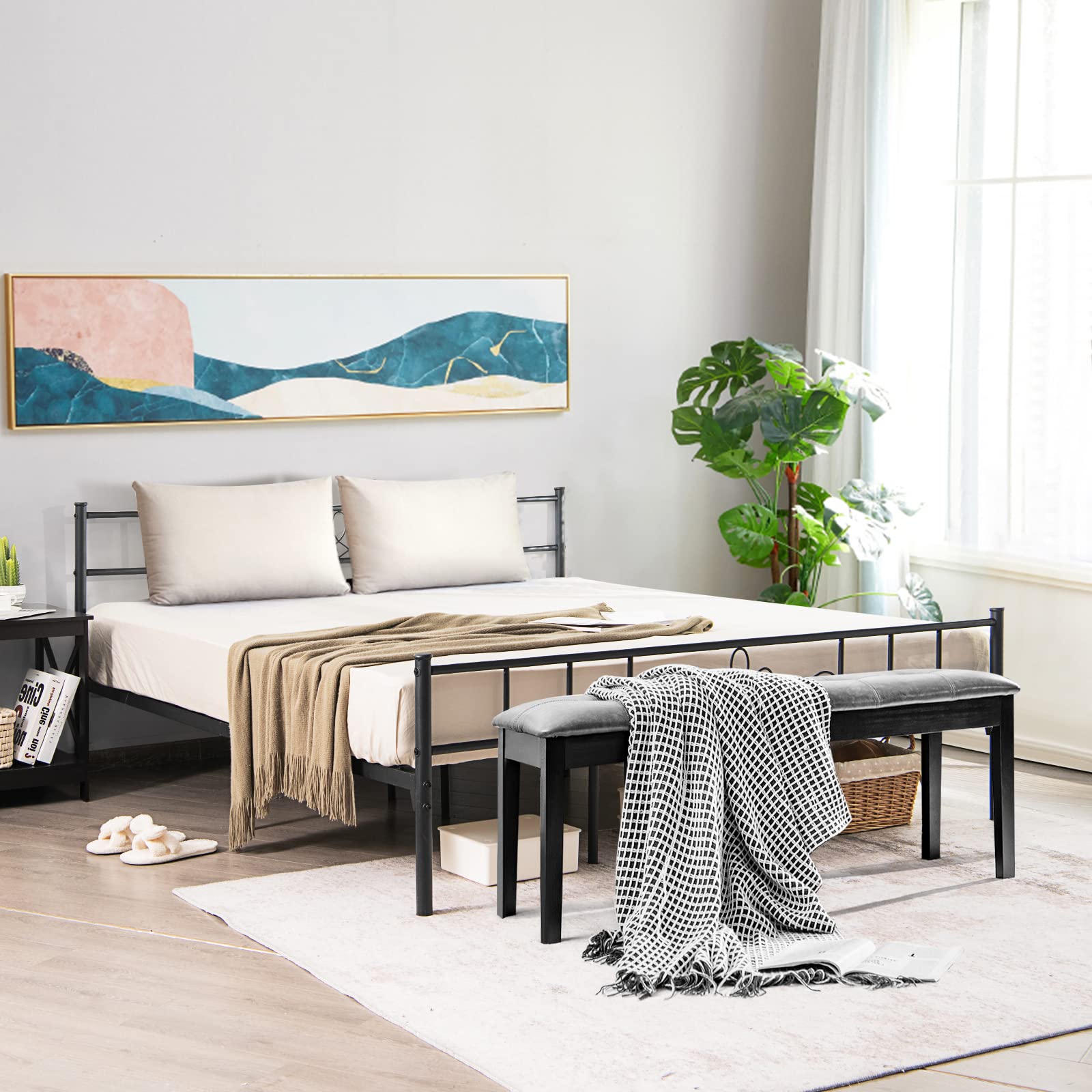 KOMFOTT King Size Metal Platform Bed Frame with Headboard & Footboard - Sturdy Reinforced Steel Slat Support, No Box Spring Required - Easy Assembly Black Bed Frame for Master Bedroom, Guest Room & Dorm