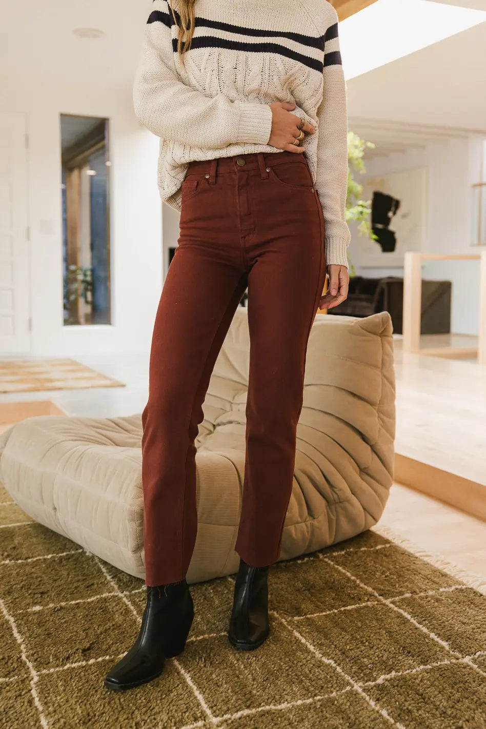 Amara Straight Leg Jeans for Women - Burgundy Wash Denim Pants, High Waist Slim Fit Jeans | Casual Wear, Office Outfits, Date Night Fashion