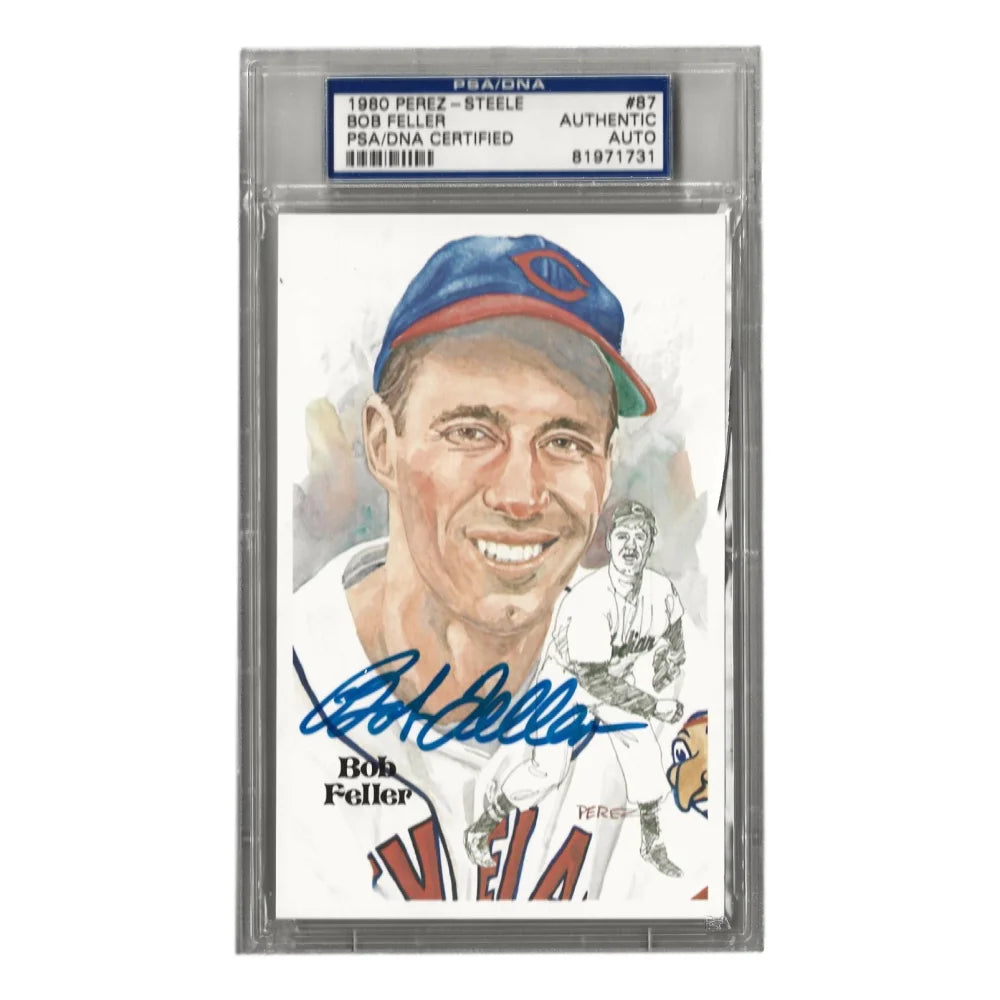 Bob Feller Autographed 1980 Perez Steele #87 Postcard with PSA COA - Cleveland Indians Memorabilia for Collectors and Baseball Fans - Perfect for Display in Home, Office, or Sports Memorabilia Collection