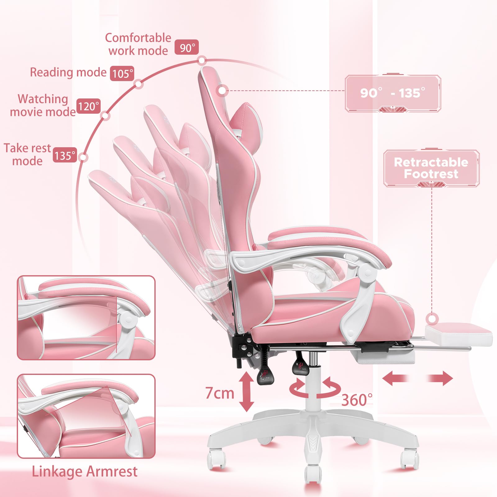 HOFFREE Pink Gaming Chair with Massage & Footrest - Ergonomic Computer Chair with Lumbar Support & Headrest - Reclining PC Gamer Chair for Women & Girls - Perfect for Gaming Setup, Home Office & Streaming Room