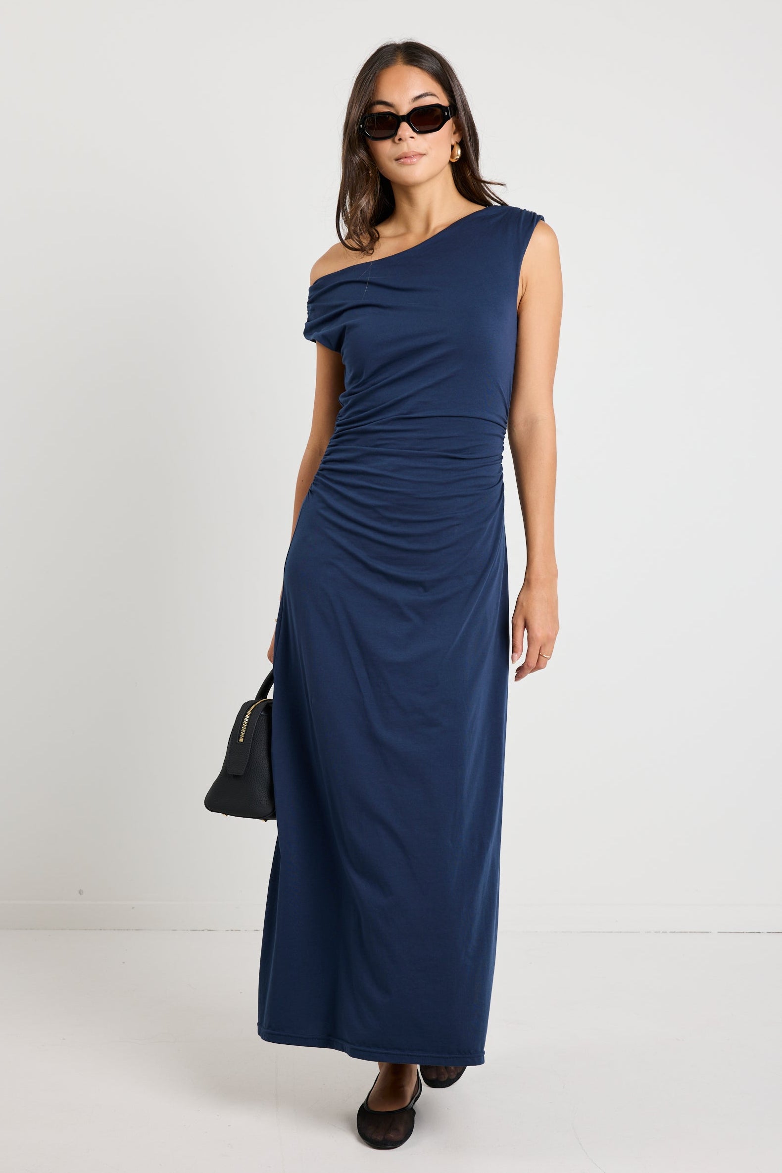 Equator Navy Jersey Rouched Midi Dress - Women's Stretchy Bodycon Dress for Casual Wear, Date Night & Party Outfits