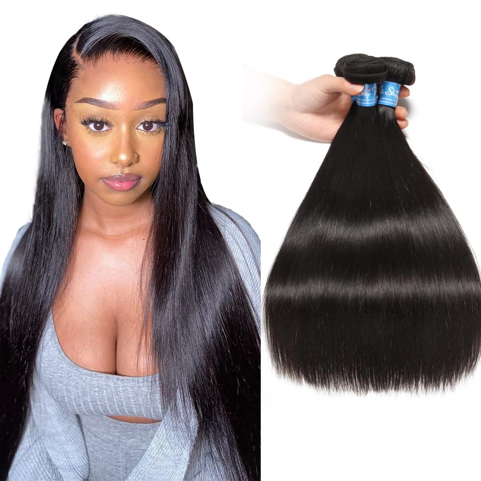10A Brazilian Straight Human Hair Bundles 24 26 28 Inch - 100% Unprocessed Virgin Remy Hair Weft Extensions (3 Bundles) Natural Black Color for Sew-in, Clip-in & Ponytail Hairstyles