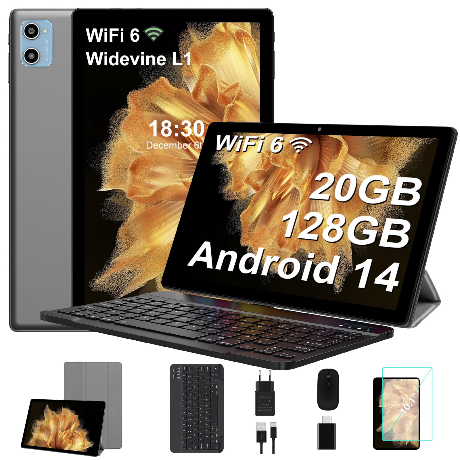 2024 New 10 Inch Android 14 Tablet with 20GB RAM 128GB Storage - 5G WiFi 6, Octa-Core Processor, GMS Certified, Widevine L1, Bluetooth 5.0 - Includes Keyboard, Mouse & Protective Case (Grey) - Perfect for Work, Study & Entertainment