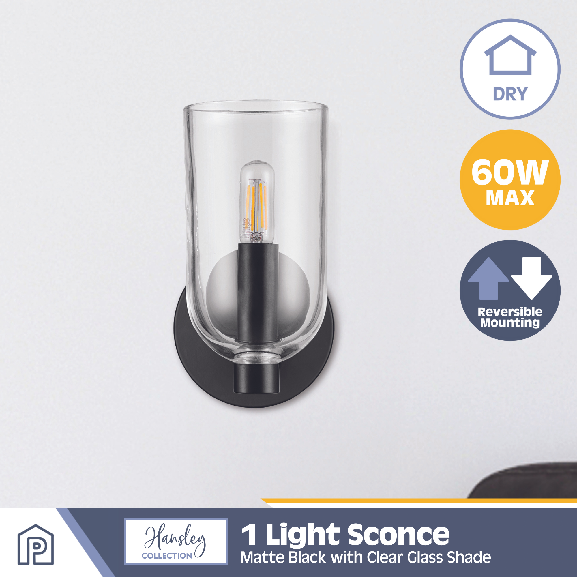 1 Light Hansley Wall Sconce - Matte Black with Clear Glass Shade for Bedroom, Living Room, or Hallway Lighting