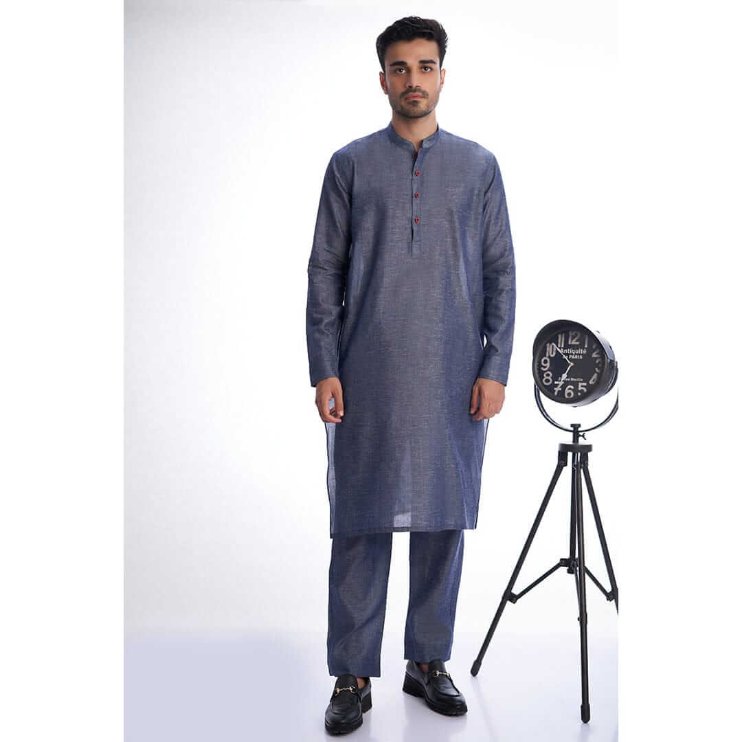 Blue Tensil Linen Kurta Pyjama Set with Red Placket - Comfortable Traditional Indian Outfit for Men, Perfect for Festivals, Weddings & Casual Wear