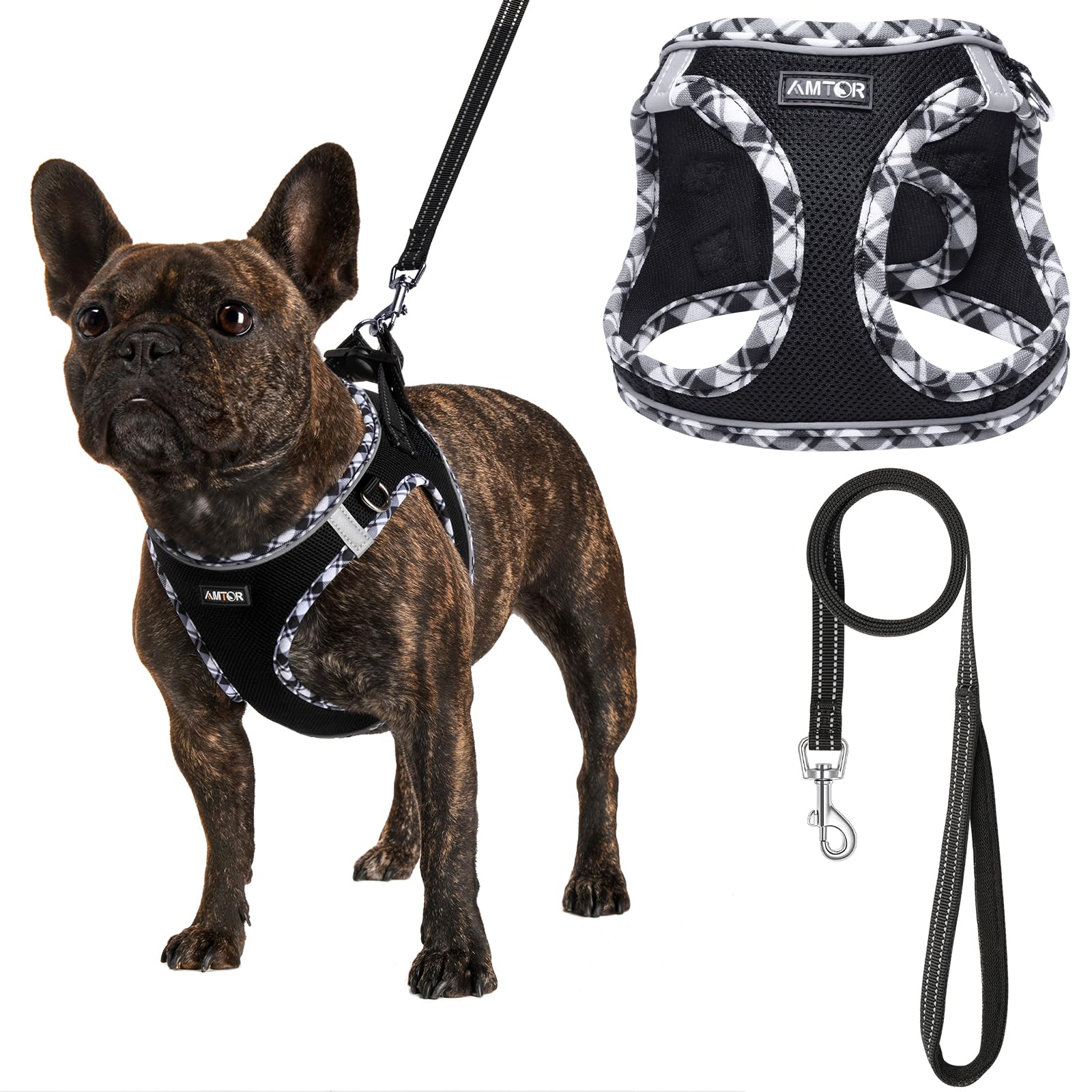 AMTOR No Escape Small Dog Harness with Leash Set - Adjustable Step-in Reflective Vest for XS/S/M/L Dogs - Perfect for Training, Walking & Night Safety (Black & White, XS) - Ideal for Puppies, Outdoor Adventures & Daily Walks