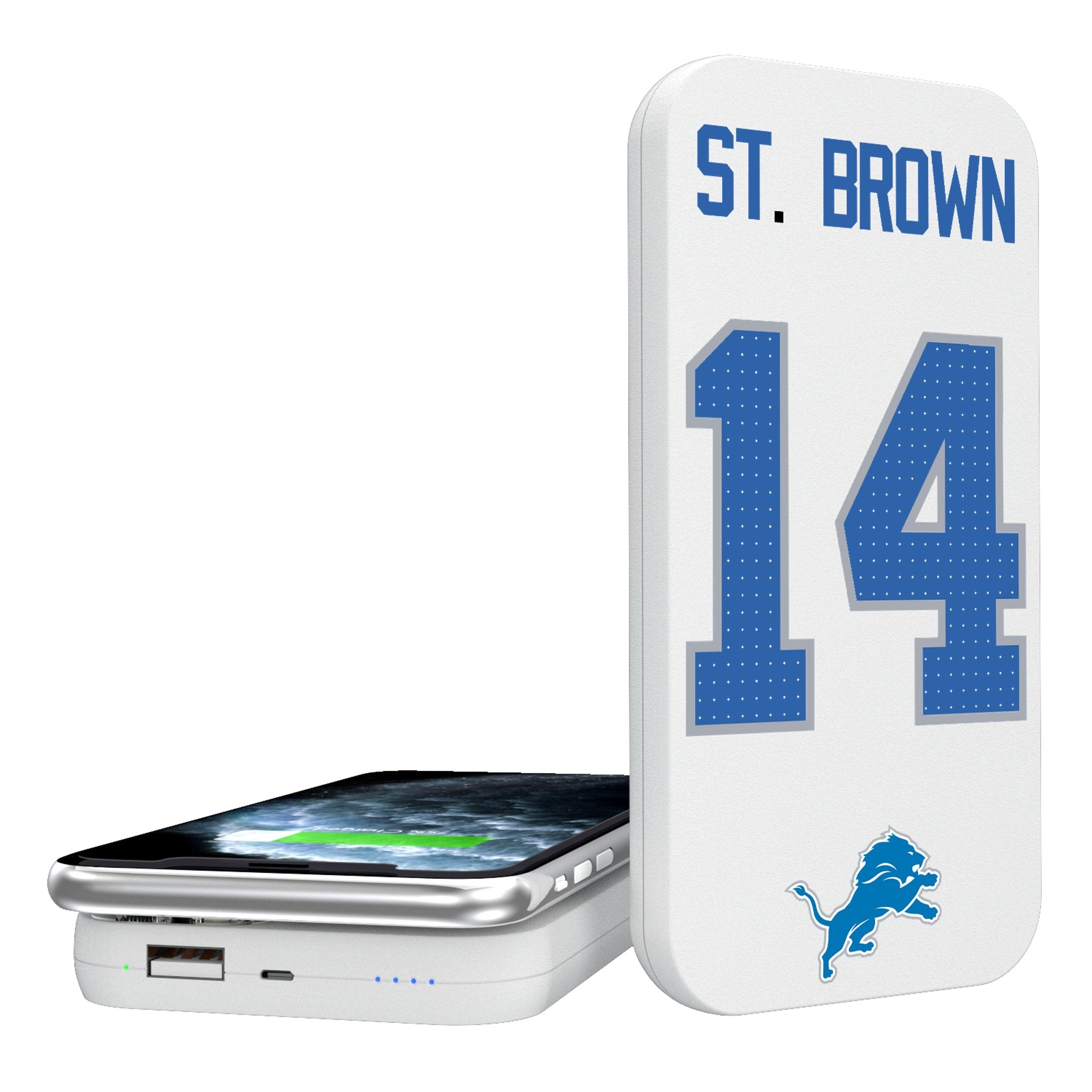 Amon Ra St. Brown Detroit Lions 14 Ready 5000mAh Portable Wireless Charger - Fast Charging Power Bank for iPhone, Samsung & Android - Perfect for Travel, Work & Game Day