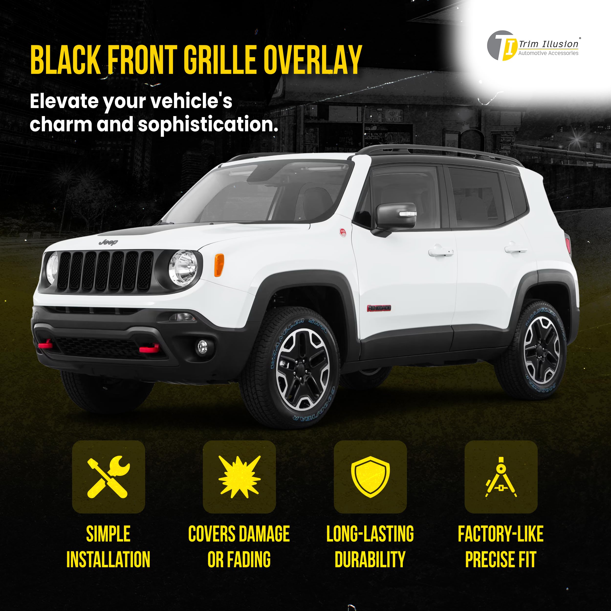 Black Chrome Delete Front Grille Overlay for 2015-2019 Jeep Renegade Sport/Limited/Latitude - Easy No-Tool Installation with Secure Adhesive Tape | US Patented | Upgrade Your Jeep's Style for Off-Road & Urban Driving