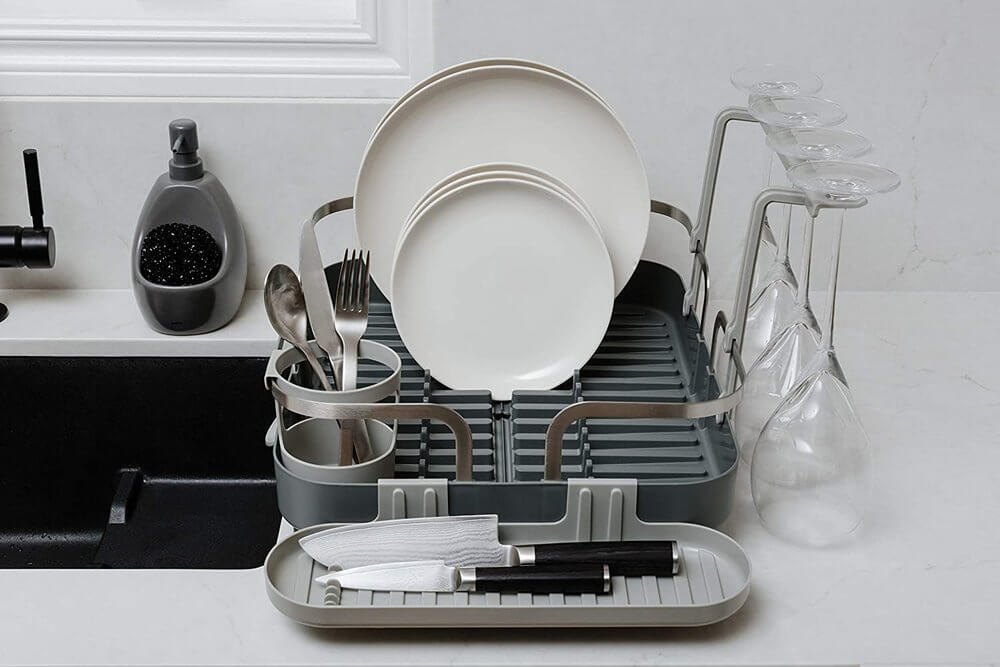 Umbra Holster Deluxe Dish Rack - Premium Countertop Drying Rack for Dishes & Utensils, Space-Saving Kitchen Organizer, Charcoal Grey - Perfect for Small Kitchens & Apartments