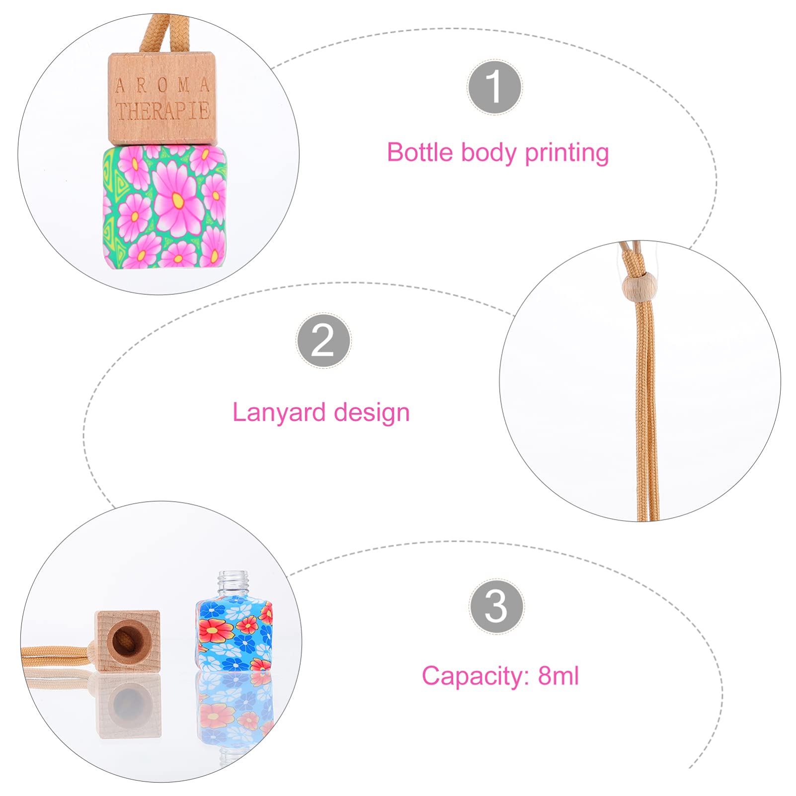6pcs 8ml Refillable Car Perfume Bottles - Soft Ceramic Floral Art Printed Hanging Air Freshener Diffuser for Car, Home & Office - Car Accessories & Decorations
