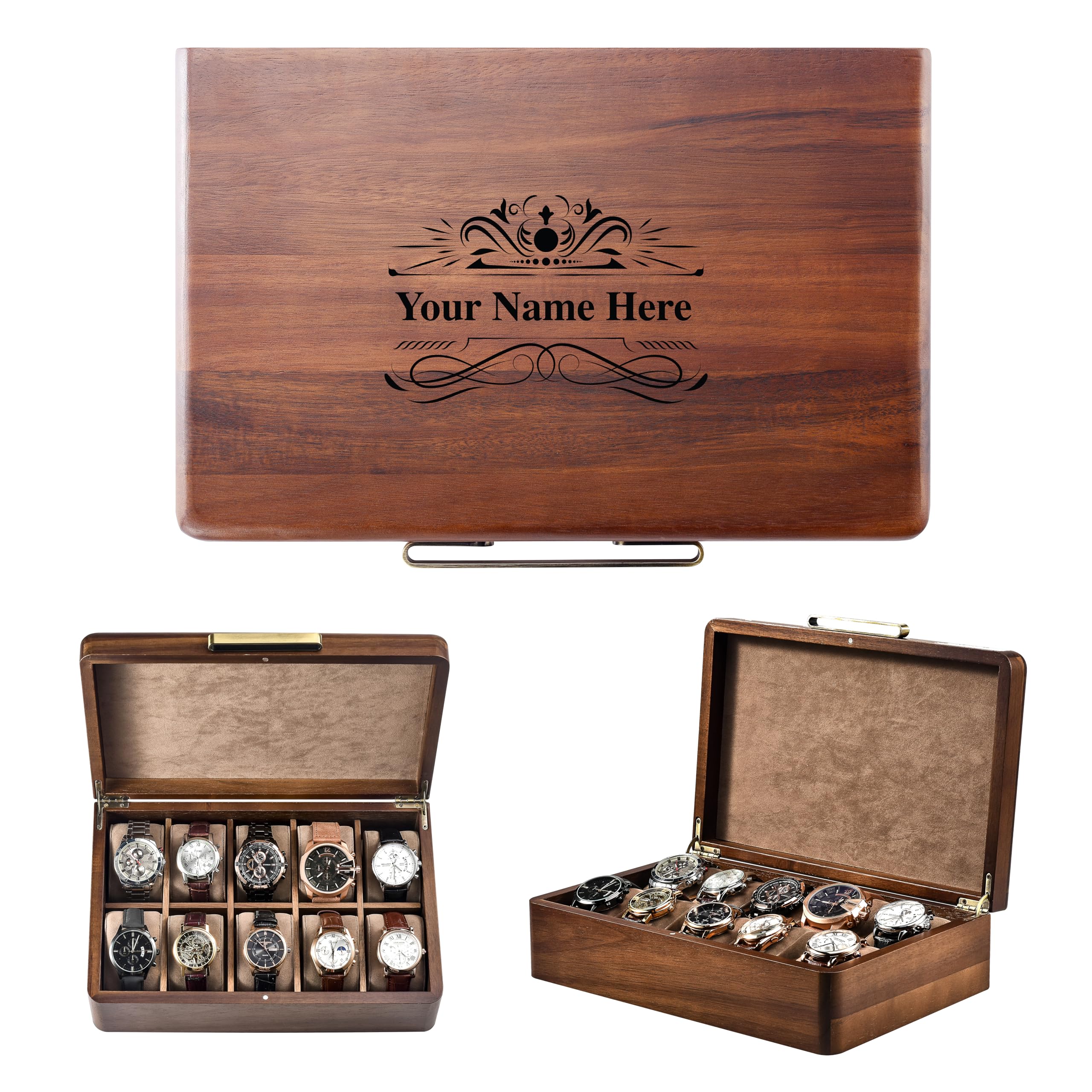 Shanik Large Wooden Watch Box for Men - 10 Slot Personalized Watch Storage Organizer with Engraving - Luxury Watch Display Case for Collectors & Gifts (Home, Office, Travel)