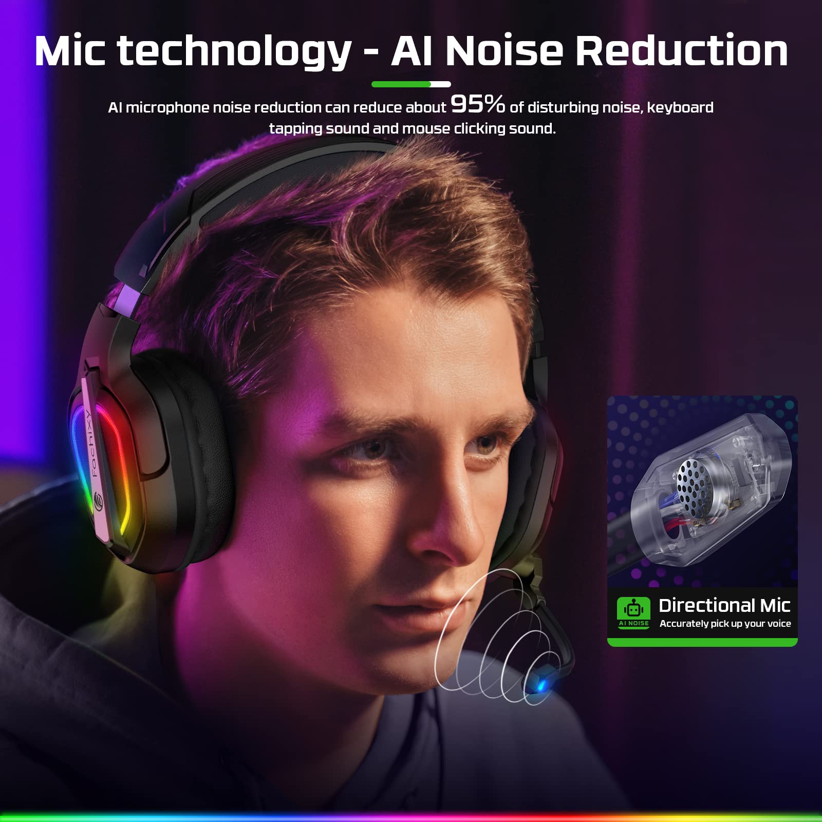 FC200 PC Gaming Headset with Microphone - Noise Canceling Headphones for PS5, PS4, Xbox One, Switch, PC & Mac - 3.5mm Jack & RGB Lighting - Perfect for Competitive Gaming, Streaming & Online Meetings