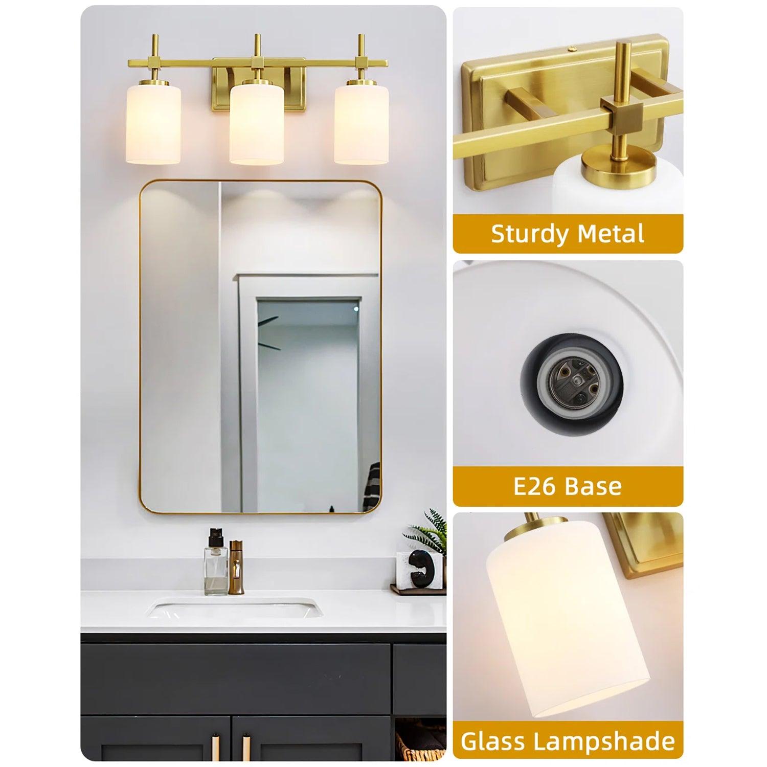 Jasper Gold Modern Frosted Glass 3-Light Bathroom Vanity Light Fixture - Perfect for Bathroom, Powder Room, and Dressing Area Lighting