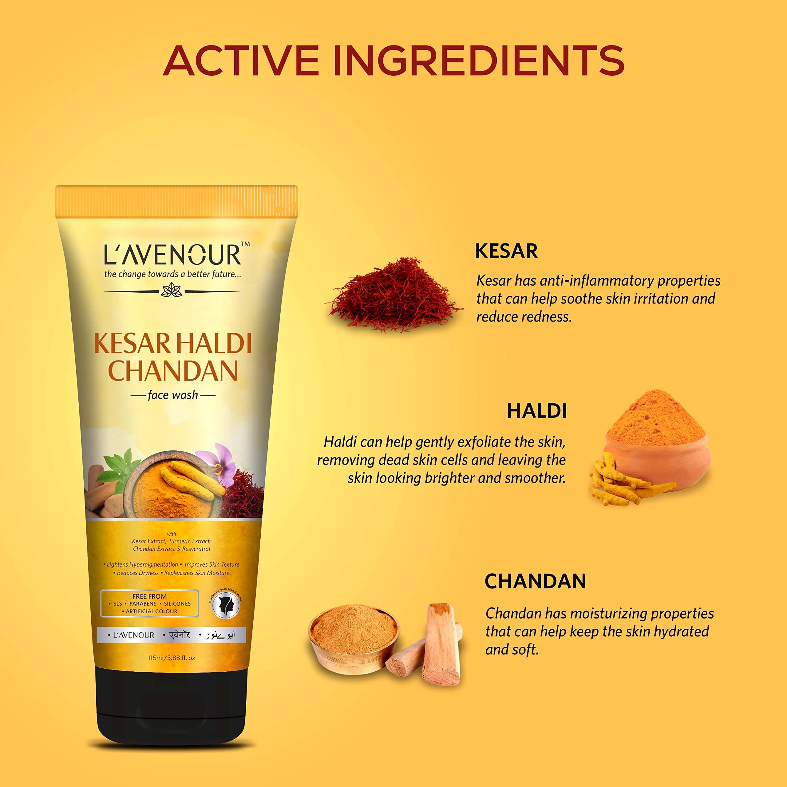 L'avenour Kesar Haldi Chandan Natural Ubtan Face Wash for Men & Women - Brightens Skin, Reduces Hyperpigmentation & Dryness | 115ml (3 Pack) | Perfect for Daily Skincare Routine & Glowing Complexion