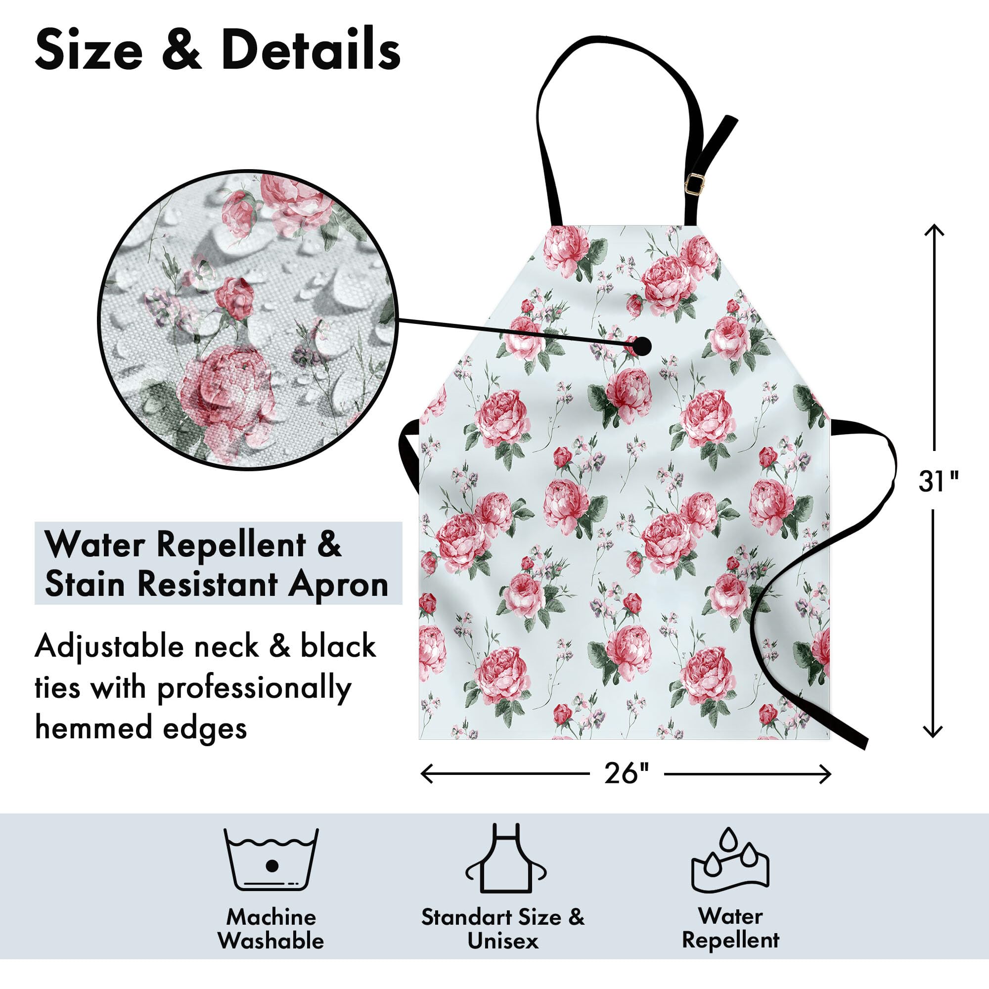 Ambesonne Rose Apron - English Rose Watercolor Painting Design, Unisex Adjustable Kitchen Bib Apron for Cooking, Baking & Gardening - Reseda Green & Pink Floral Pattern | Perfect for Home Chefs, Bakers and Garden Enthusiasts
