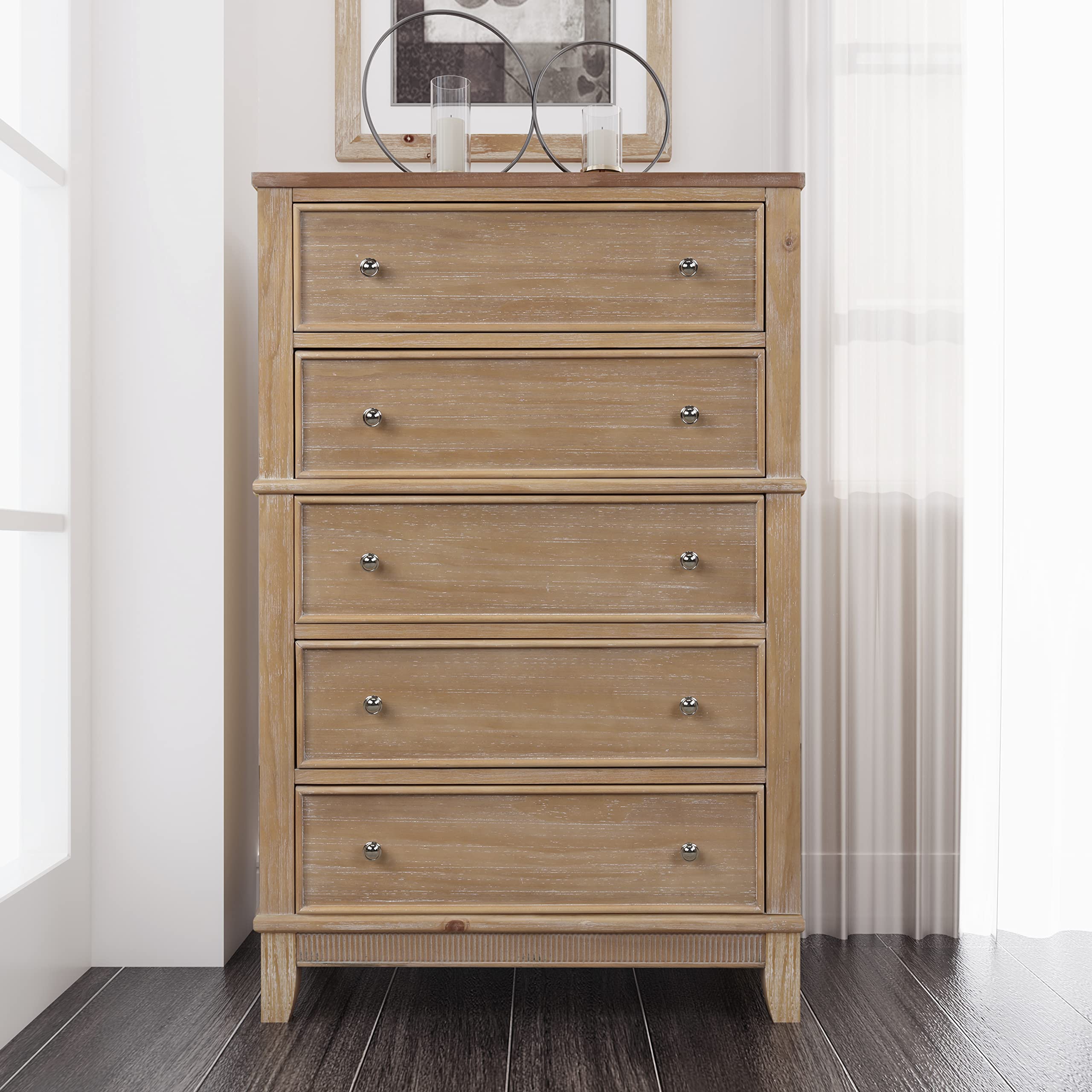 Modern 5-Drawer Solid Wood Dresser for Bedroom - Chic Hazel Chest of Drawers with Easy Pull Handles, Storage Cabinet with Tapered Wood Legs - Perfect for Living Room, Hallway & Entryway Organization - Natural Finish