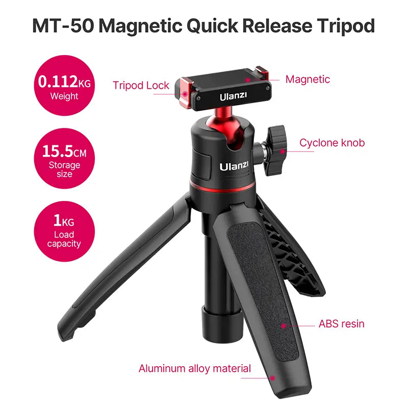 Ulanzi Magnetic Quick Release Tripod Mount for DJI Action 2/3/4 Camera - 2829A Lightweight Aluminum Alloy Travel Tripod for Vlogging, Hiking & Outdoor Adventures