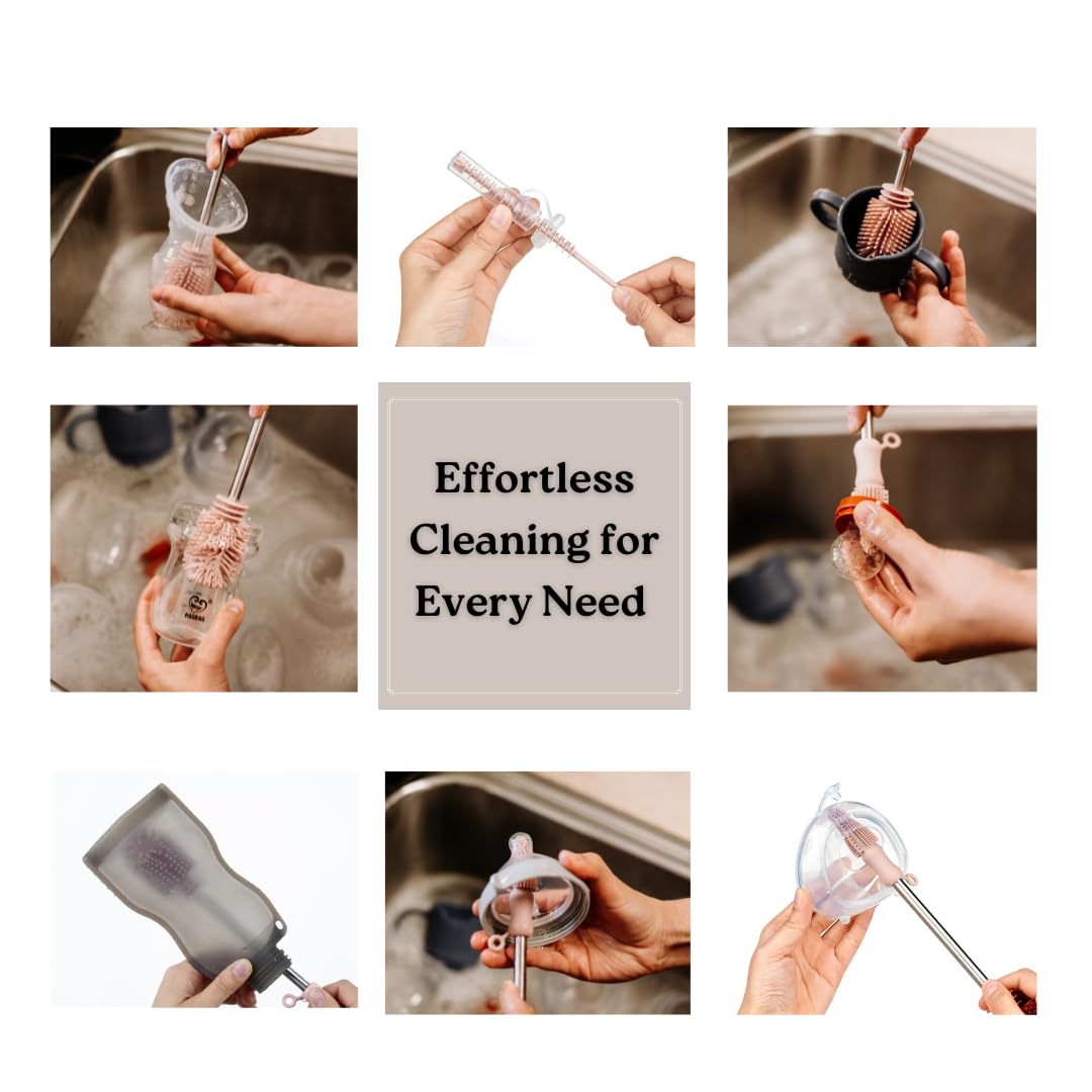 Haakaa Silicone Cleaning Brush Kit - Food-Grade Dishwasher Safe Bottle & Crevice Cleaning Brushes (Grey) - Perfect for Baby Bottles, Water Bottles, Kitchen Utensils & Hard-to-Reach Areas