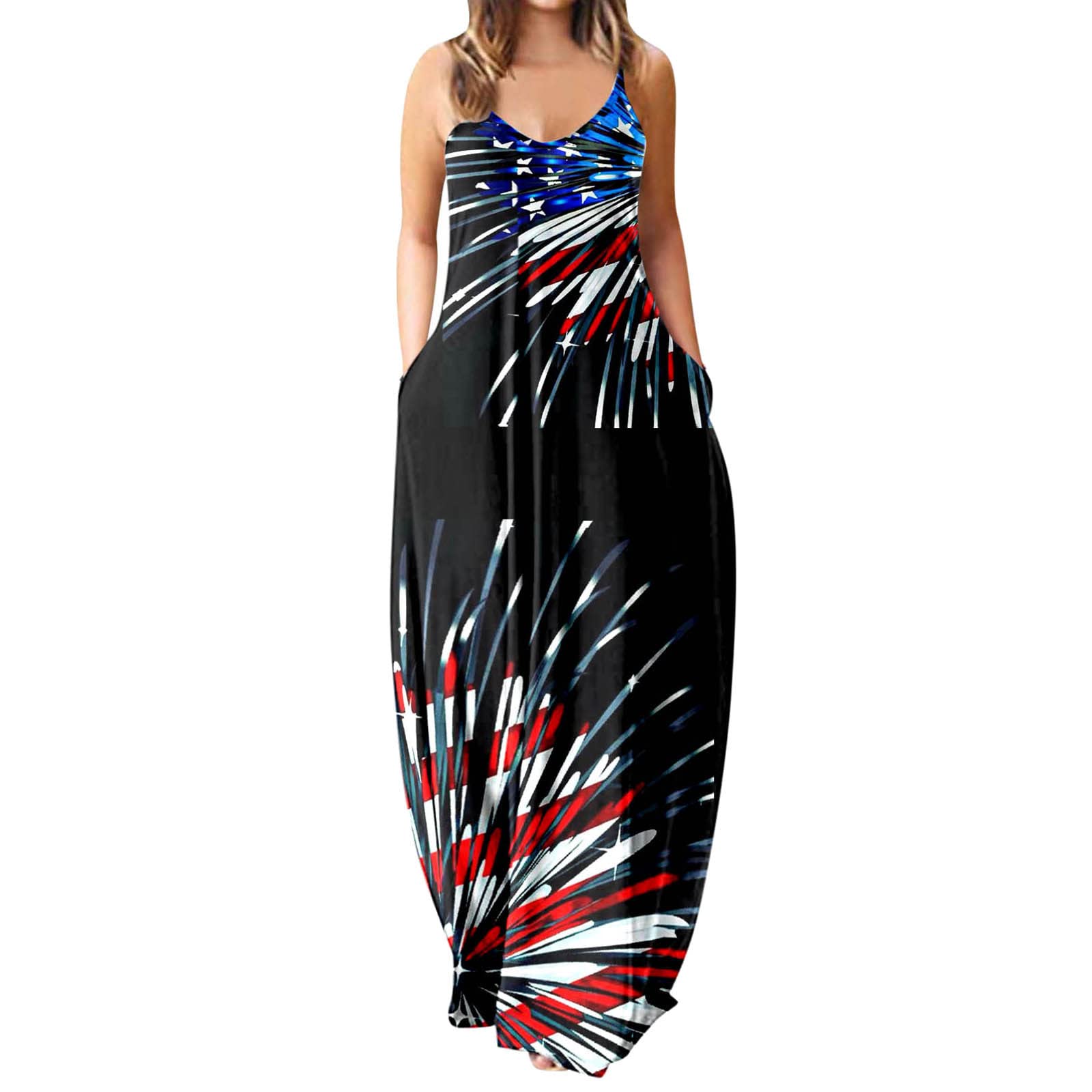Plus Size Women's Casual Sleeveless Loose Fit 4th of July Printed Long Maxi Dress with Pockets - Elegant Summer Dress for Beach, Party & Independence Day Celebrations