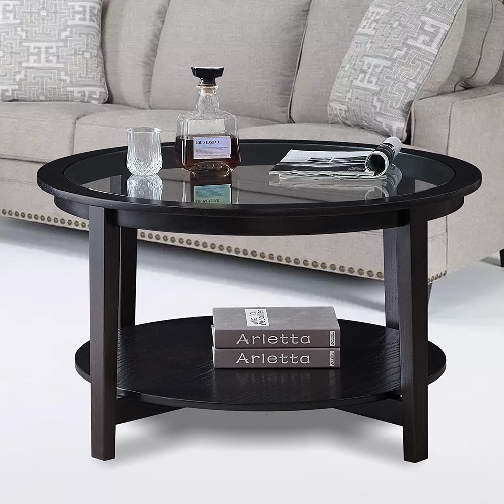 Lifeisbetter 36 Inch Modern Round Coffee Table with Large Storage Space, Glass Top Side Table for Living Room & Dining Room, Sturdy Metal Frame (Black) - Perfect for Small Spaces, Home Decor & Entertaining Guests