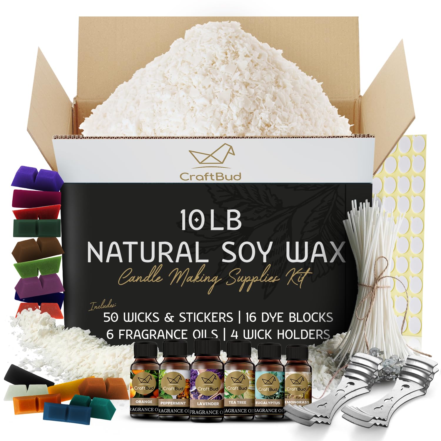 Premium Natural Soy Wax Flakes for Candle Making - 10 lb Bag with 50 Wicks, Stickers & 4 Centering Tools | DIY Home Fragrance, Gifts & Aromatherapy Supplies | Perfect for Handmade Candles, Wedding Favors & Relaxation Gifts