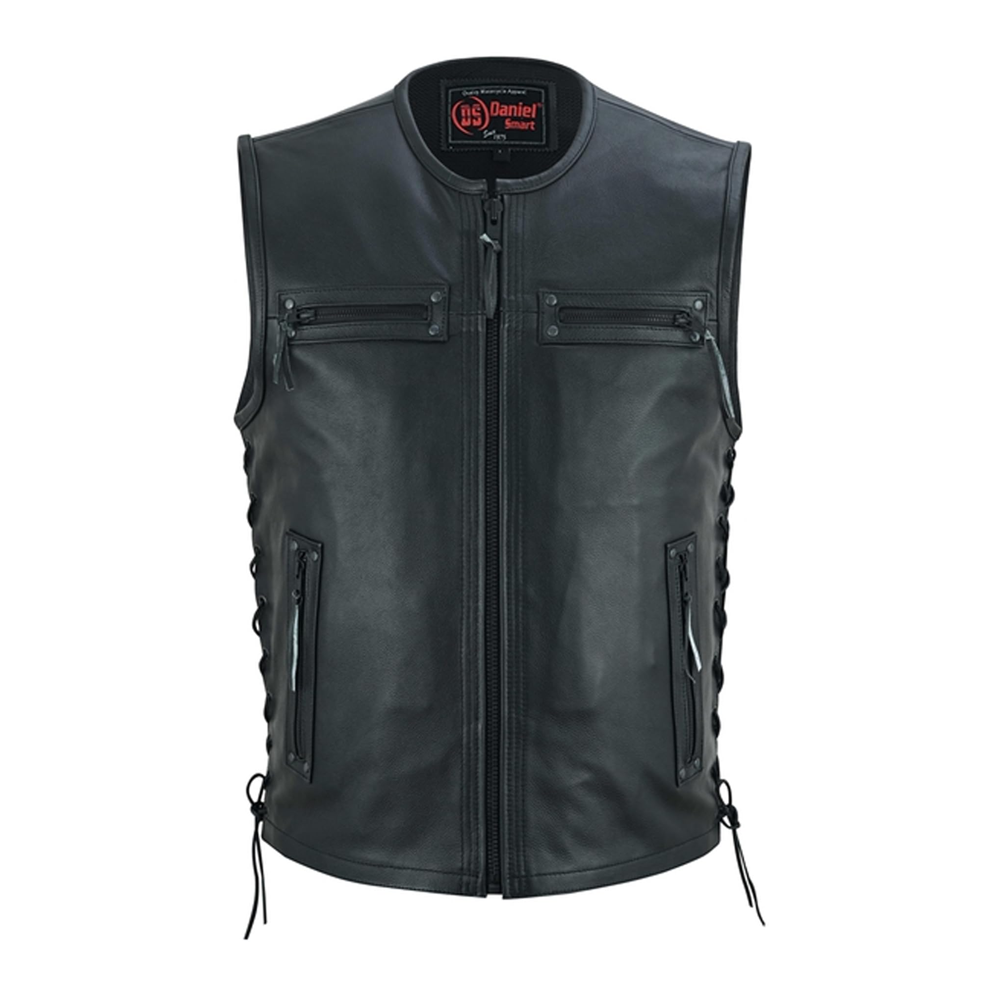 Daniel Smart Men's Black Leather Vest - Soft Full Grain Leather with Front Zipper, Side Laces & Armory Pockets | Motorcycle Riding, Casual Outfits & Biker Fashion