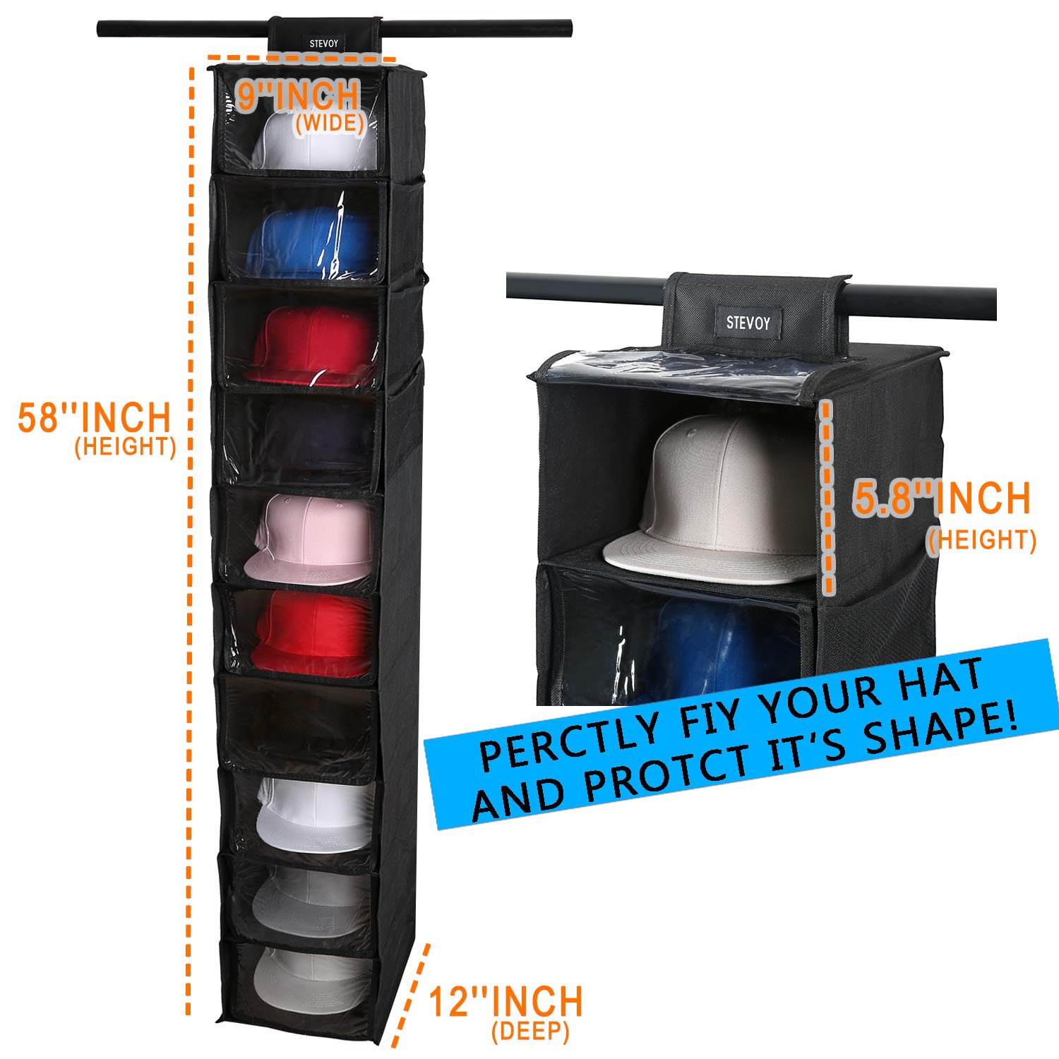 2 Pack Hat Organizer - 10 Shelf Hanging Closet Storage for Baseball Caps, Hats & Shoes with Dust Shield & Side Pockets | Space Saving Closet Organizer for Bedroom, Closet & Dorm Room