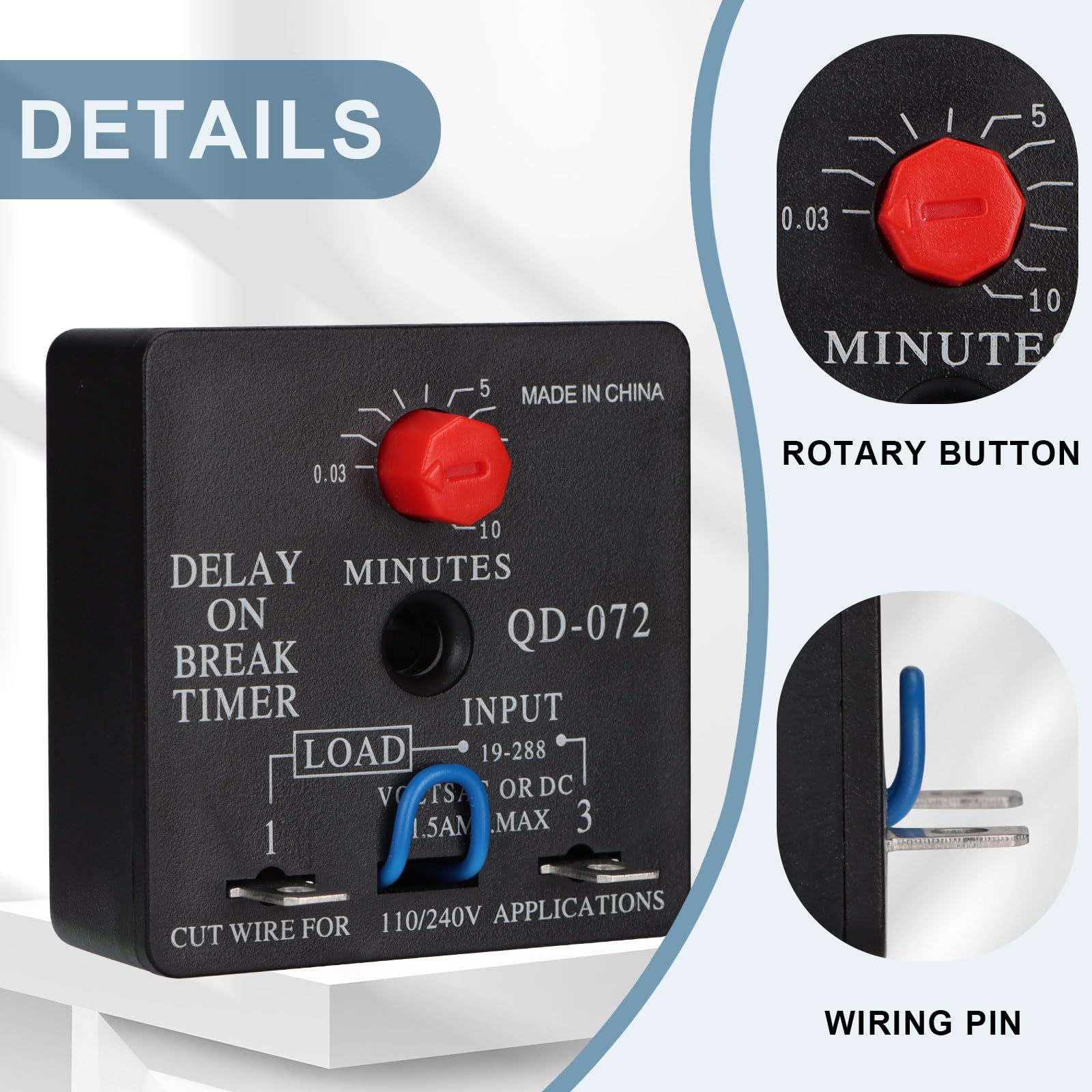 Adjustable Delay On Break Timer QD-072 (0.03-10 Min) 18-240V AC/DC - Perfect for Industrial Automation & HVAC Control Systems