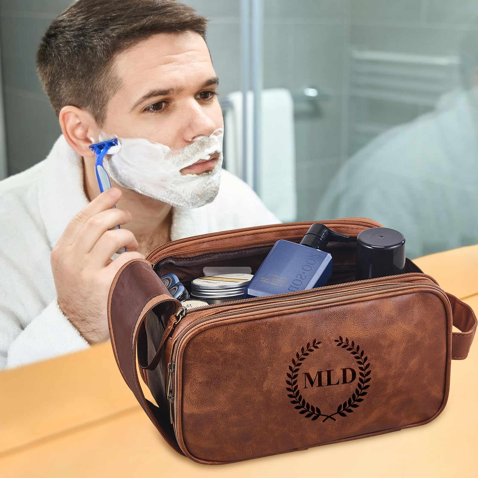 Personalized Leather Toiletry Bag for Men - Large Waterproof Travel Shaving Dopp Kit | PU Leather Cosmetic Organizer | Custom Engraved Groomsmen Gift | Perfect for Business Trips, Camping & Vacation Essentials