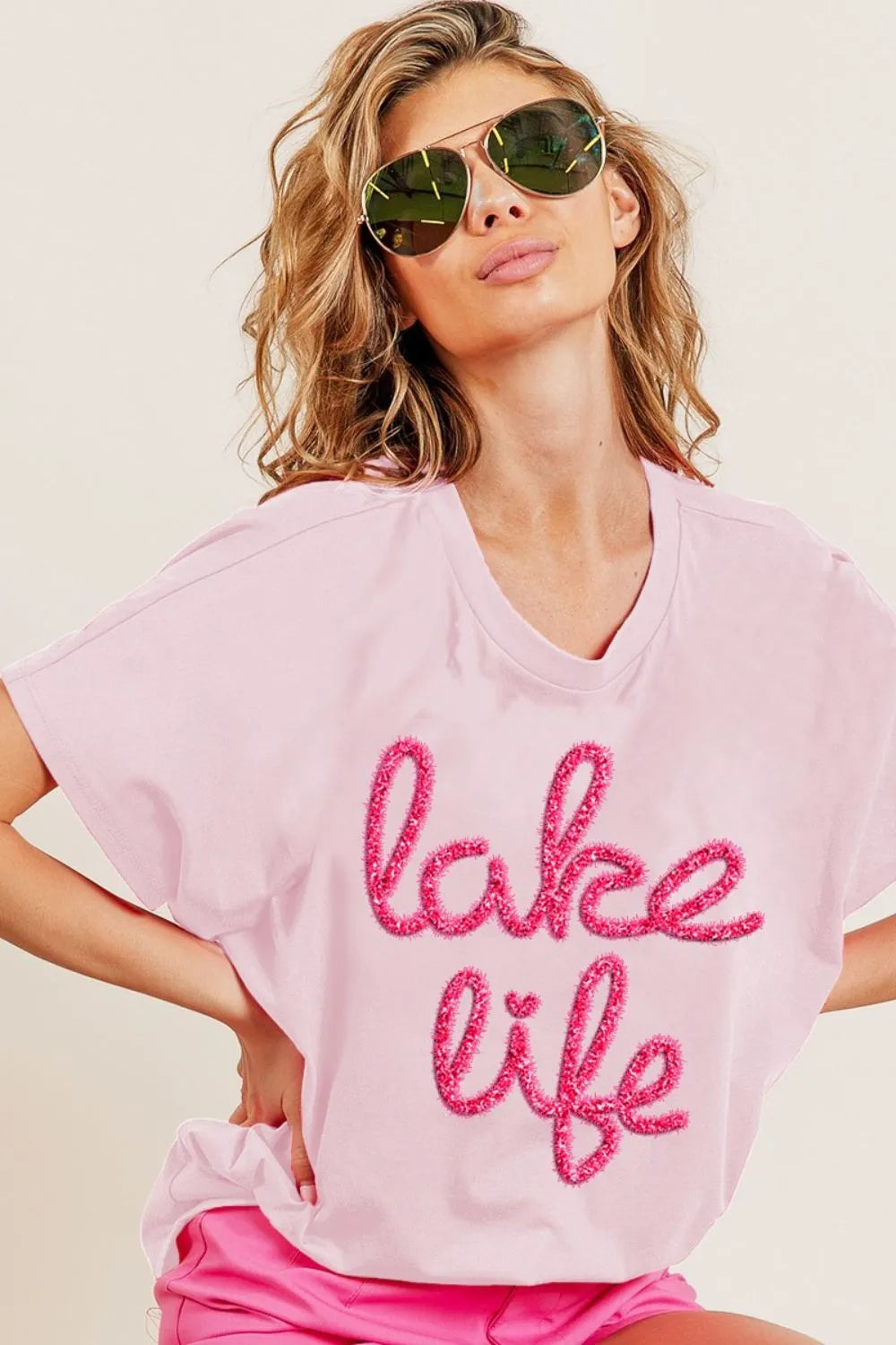 BiBi Metallic Letter Short Dolman Sleeve T-Shirt - Women's Fashion Casual Top for Party, Club, and Everyday Wear