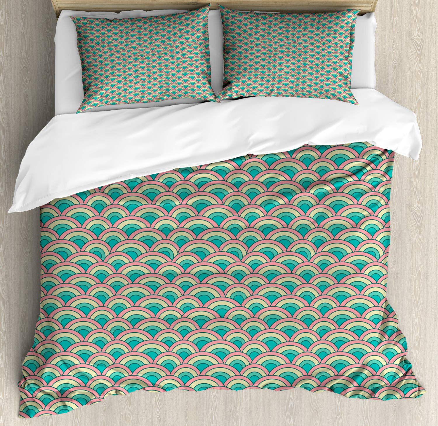 Ambesonne Fish Scale Duvet Cover Set - Abstract Mosaic Grid Geometric Pattern, Asian Inspired 3-Piece King Size Bedding with 2 Pillow Shams in Pale Green Turquoise | Modern Home Decor for Master Bedroom & Guest Room