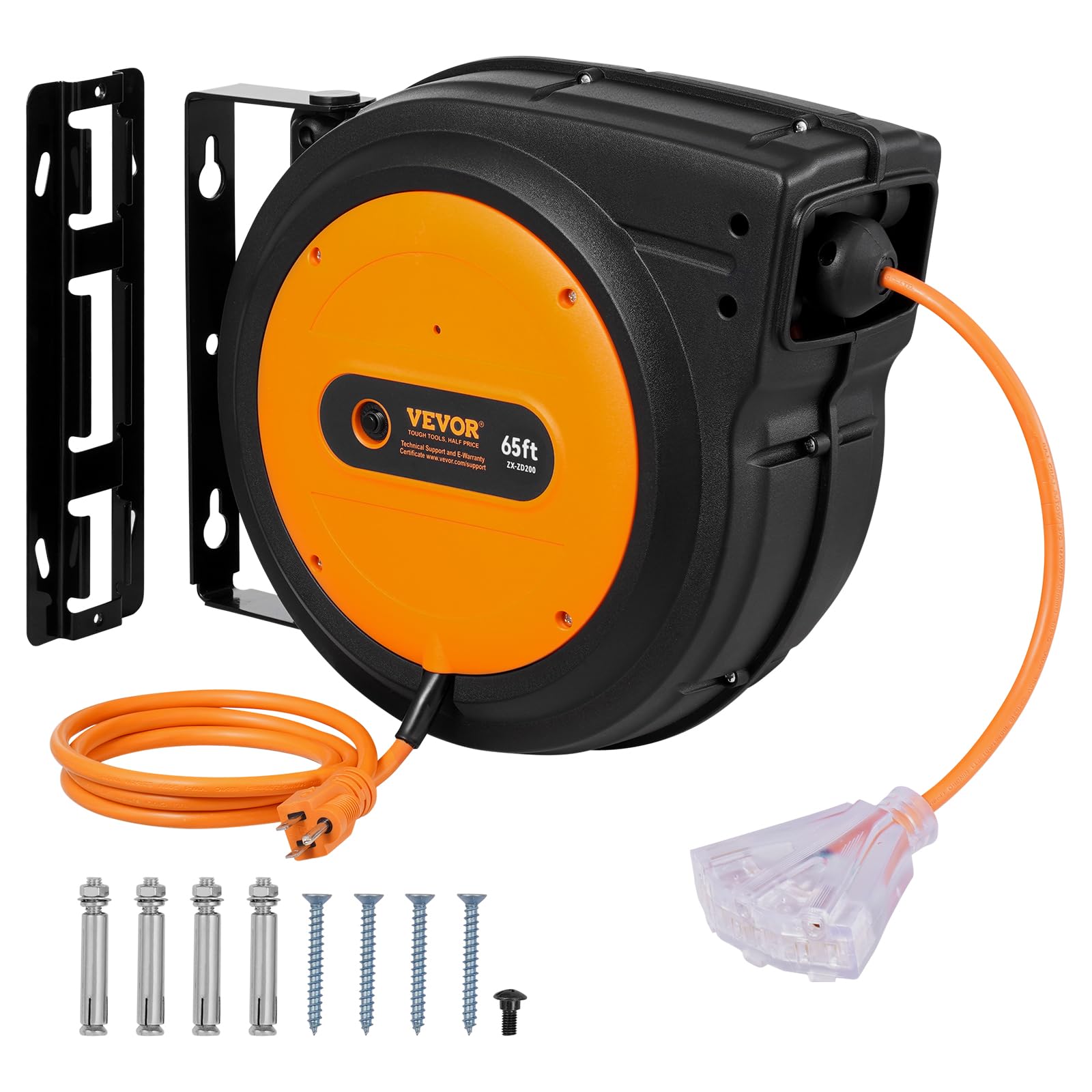 VEVOR 65 FT Retractable Extension Cord Reel - Heavy Duty 12AWG/3C SJTOW Power Cable with Lighted Triple Tap Outlet, 15A Circuit Breaker, 180° Swivel Bracket for Ceiling/Wall Mount - Perfect for Workshops, Garages, Construction Sites & Outdoor Power Tools