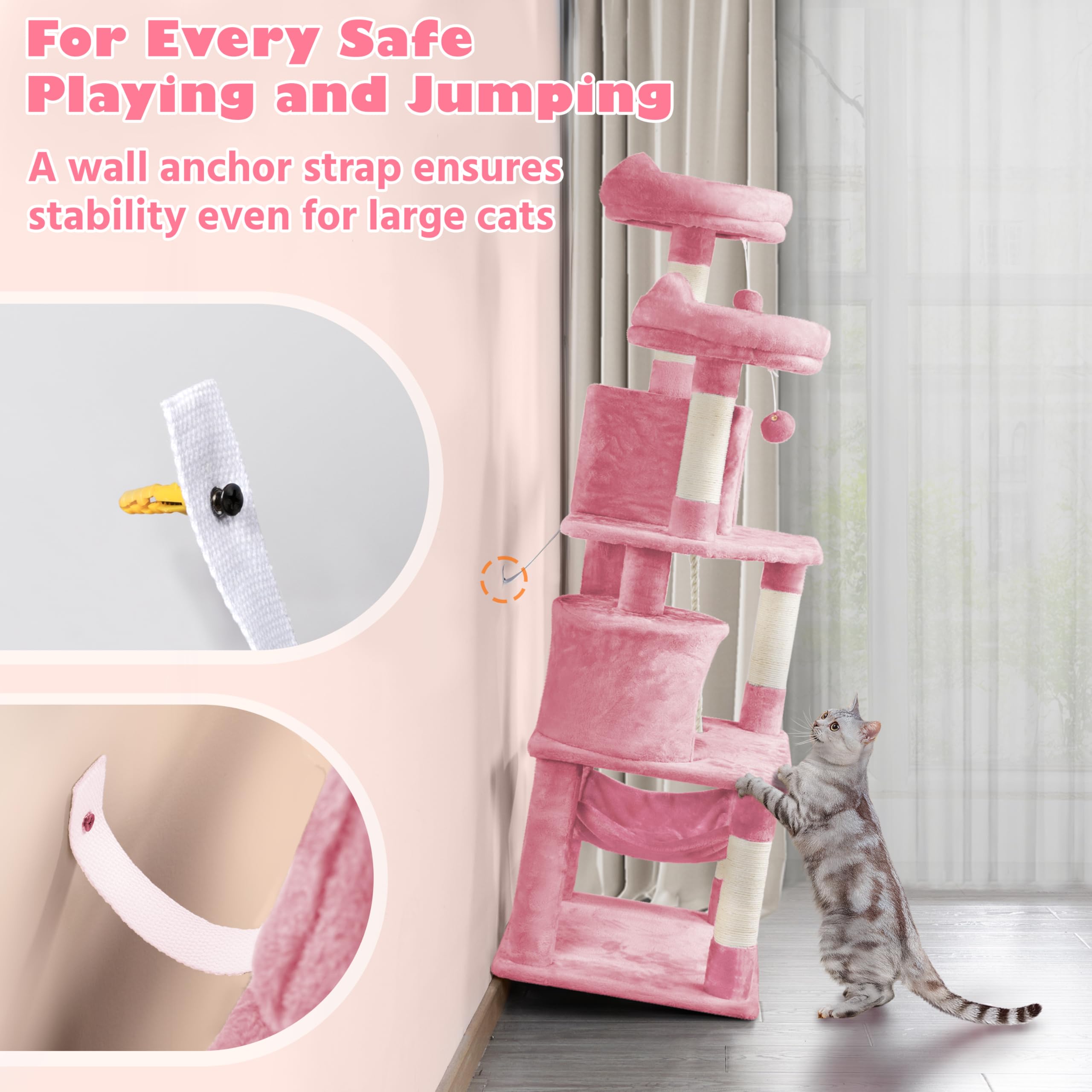 Yaheetech 62.2 Inch Large Cat Tree with Hammock, Cat Condo & Scratching Posts - Multi-Level Cat Tower Activity Center for Indoor Cats - Perfect for Play, Rest & Climbing (Pink)