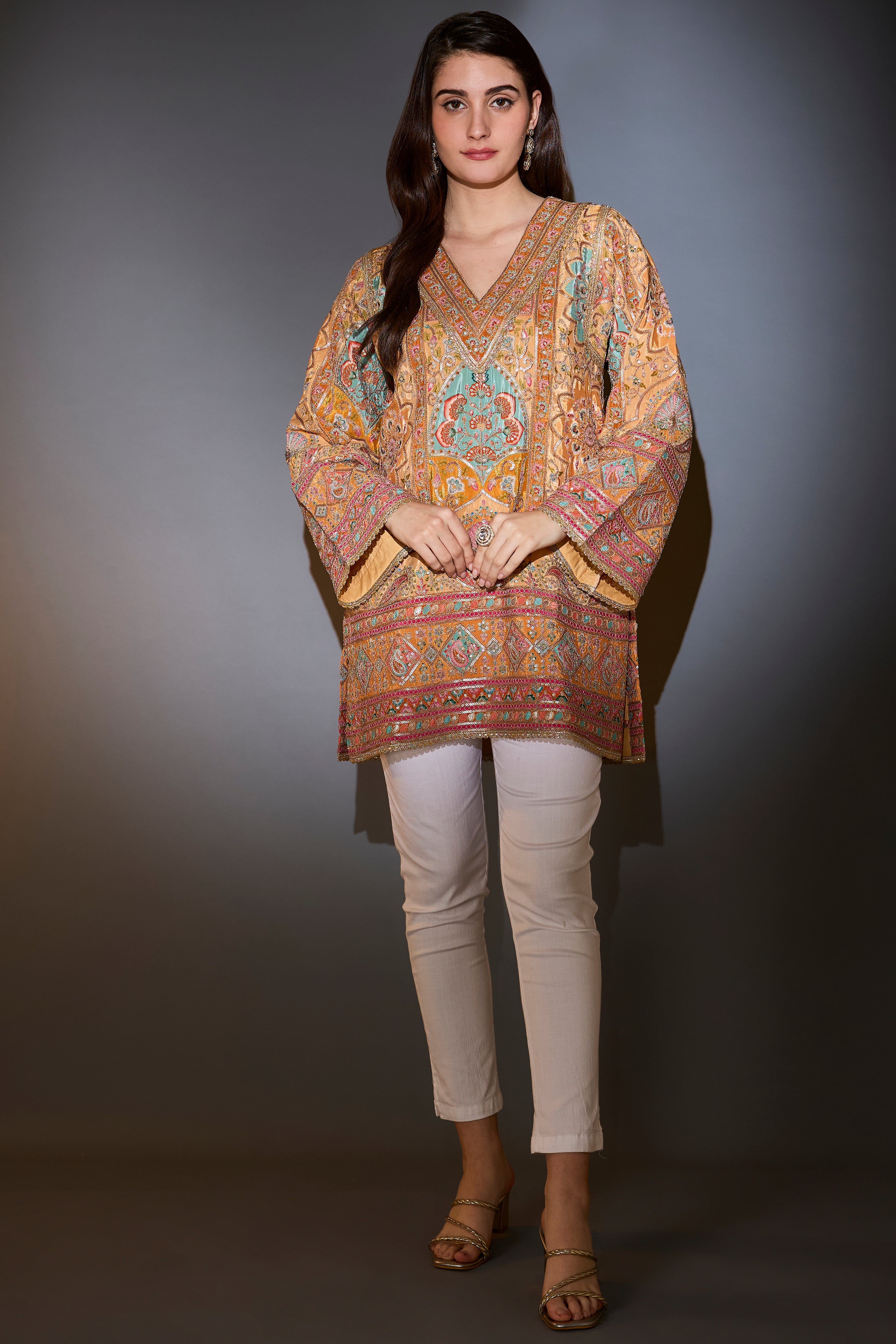 Elegant Mustard Tunic with Intricate Multi-Thread Aari Embroidery - Perfect for Festive Occasions & Ethnic Fashion