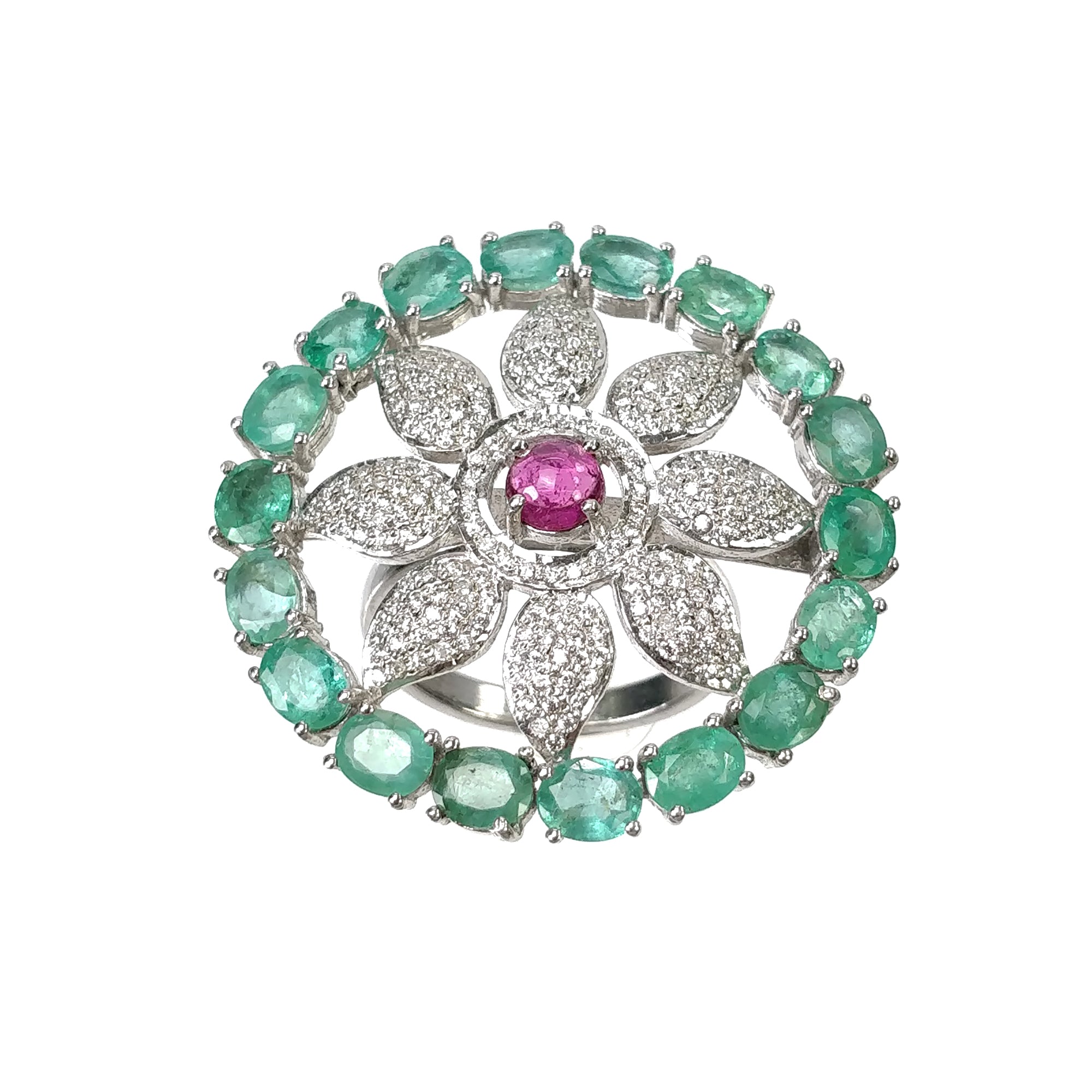 Natural Emerald & Pink Tourmaline Gemstone Jewelry Set with CZ - 925 Sterling Silver Round & Oval Earrings & Rings for Women | Wedding, Party, Anniversary Gift