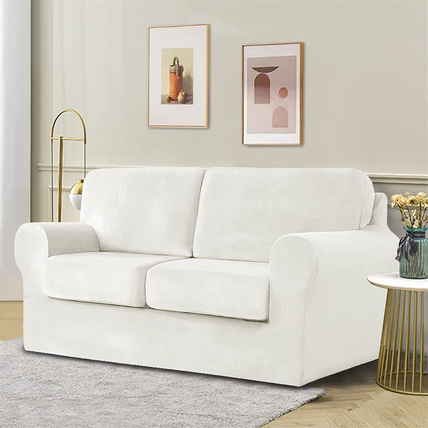 YYHSND 5-Piece Stretch Velvet Sofa Cover Set for 2-Seater Loveseat - Soft Pet-Friendly Couch Slipcover with Separate Backrests & Elastic Band (White) - Perfect for Living Room, Family Room & Pet-Friendly Homes