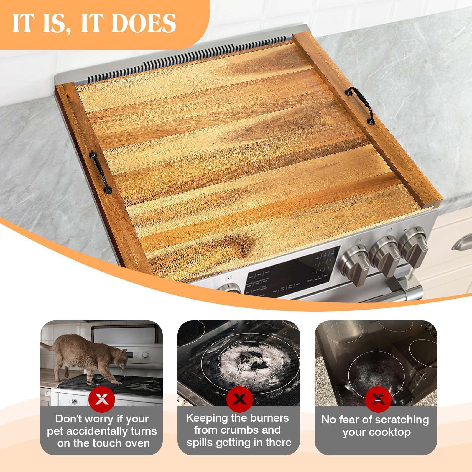 Premium Acacia Wood Stove Top Cover - 4 & 5 Burner Gas/Electric Cooktop Protector with Handle | Heat-Resistant Cutting Board & Noodle Board | Perfect for Kitchen Counter Protection & Extra Prep Space