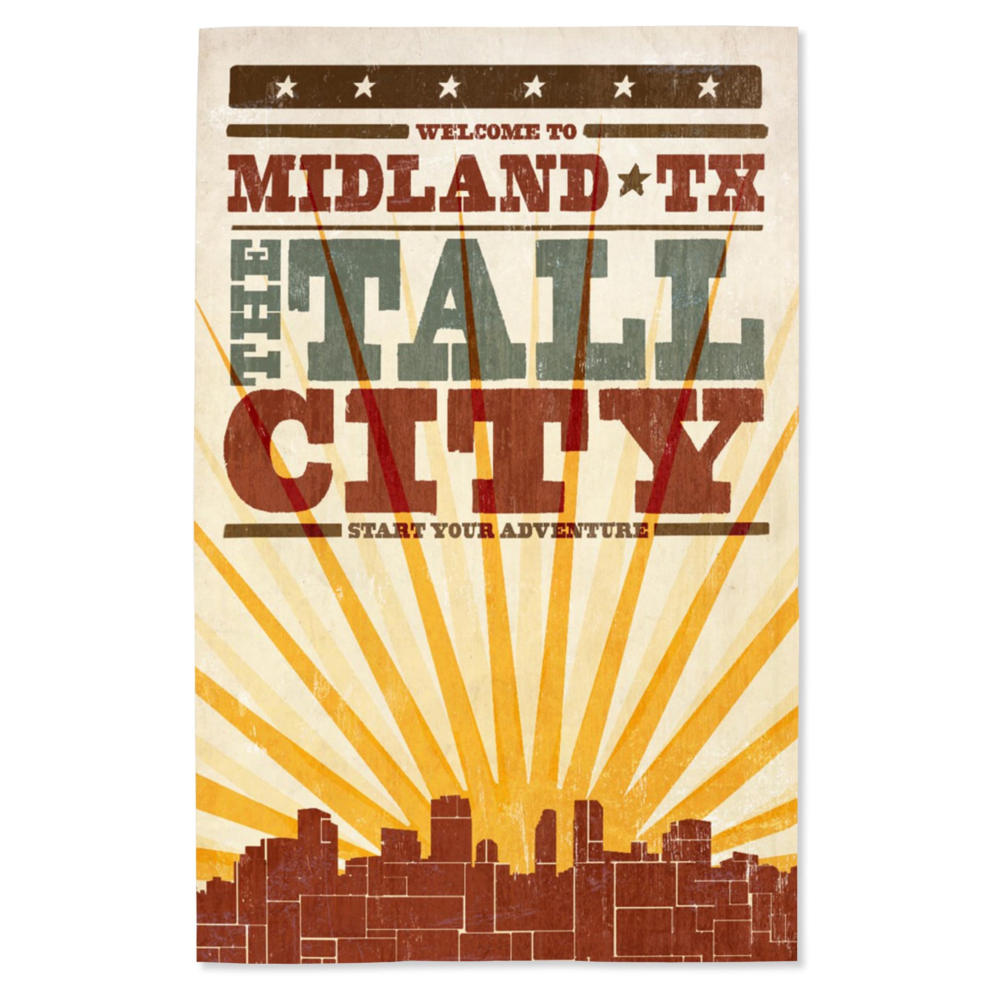 Lantern Press 16x24 Inch Giclee Art Print - Midland Texas Skyline & Sunburst Screenprint Style Wall Decor | Perfect for Living Room, Bedroom or Office